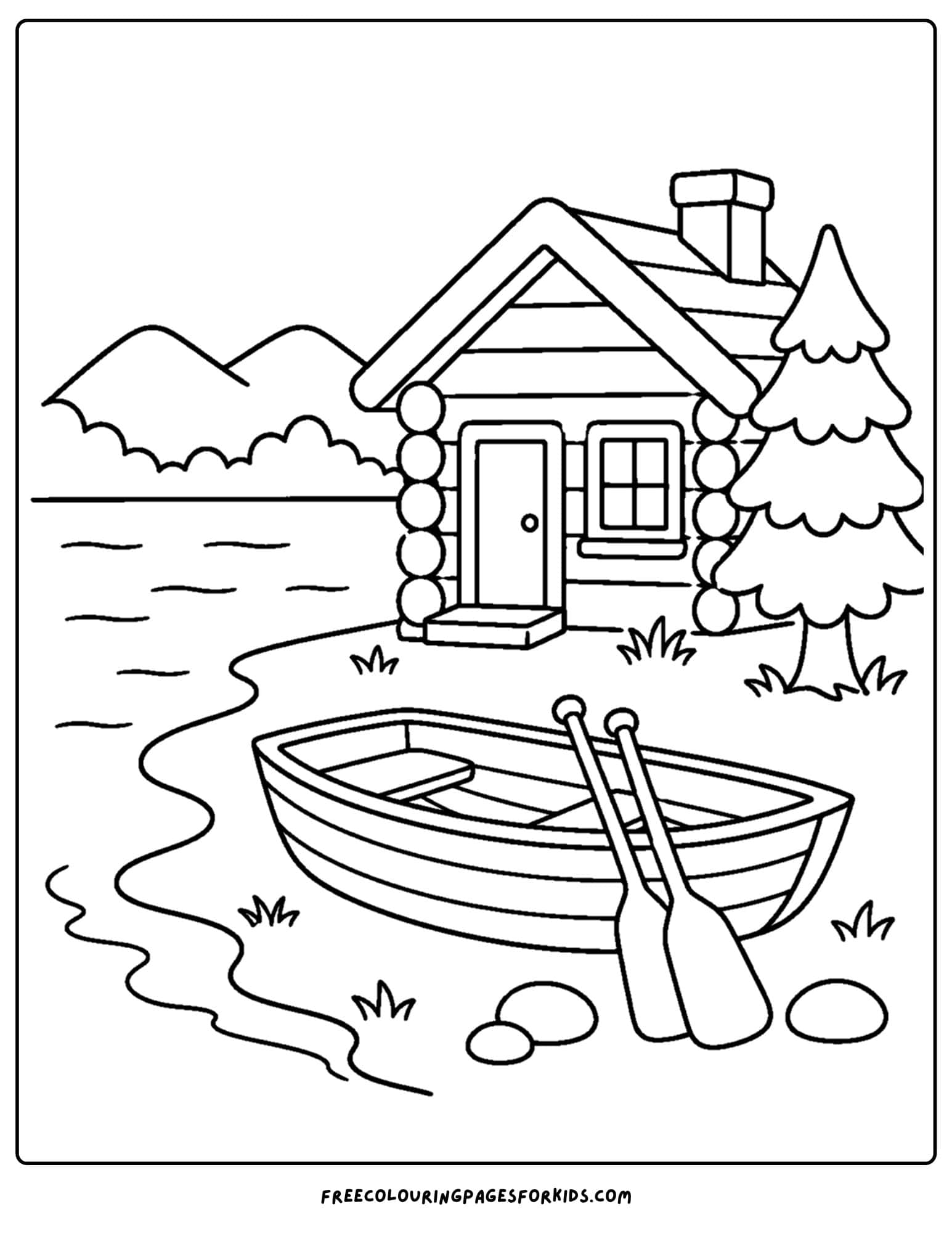 a cabin coloring page showing a rowboat on the shore next to a cabin on the lake