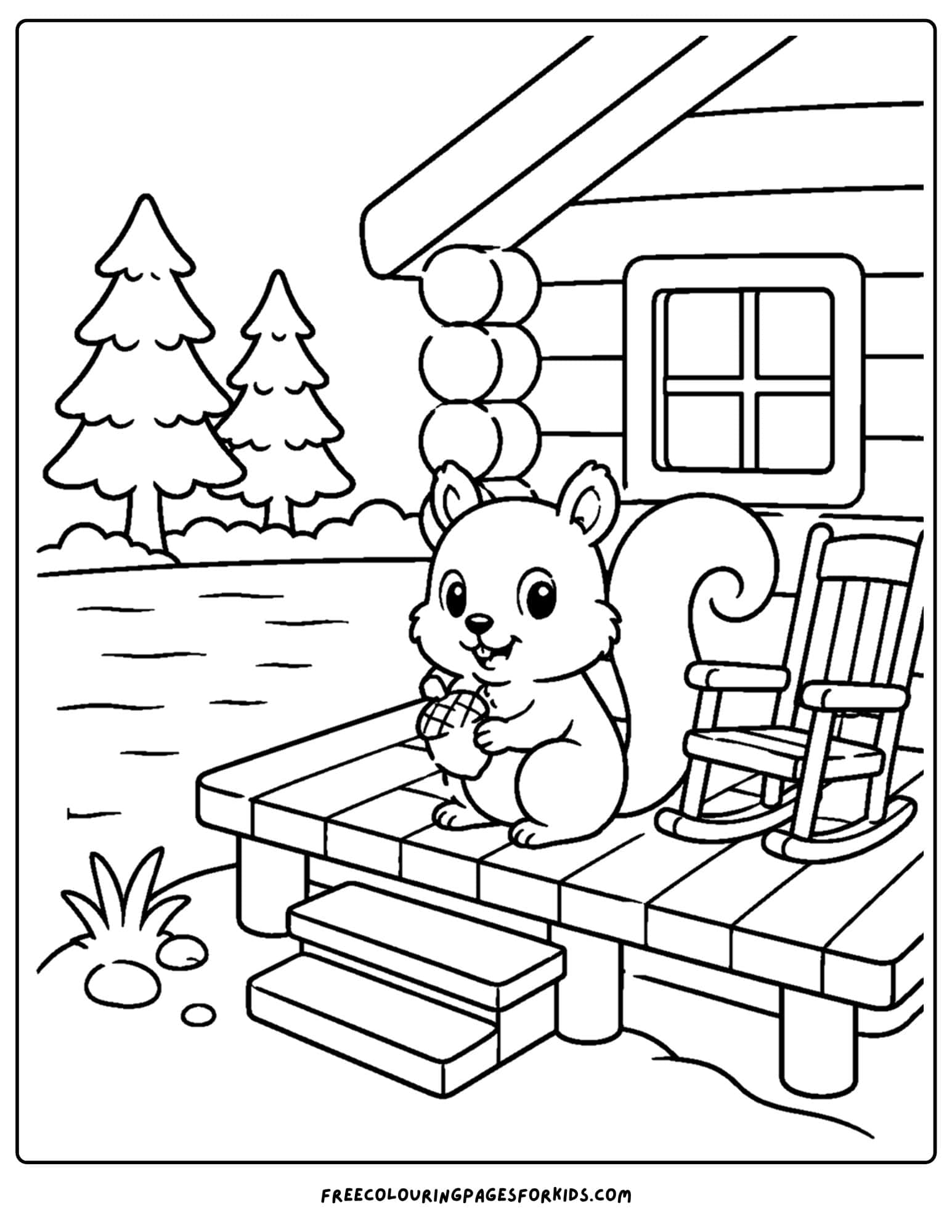 a cabin coloring page showing a squirrel on a cabin porch with a chair