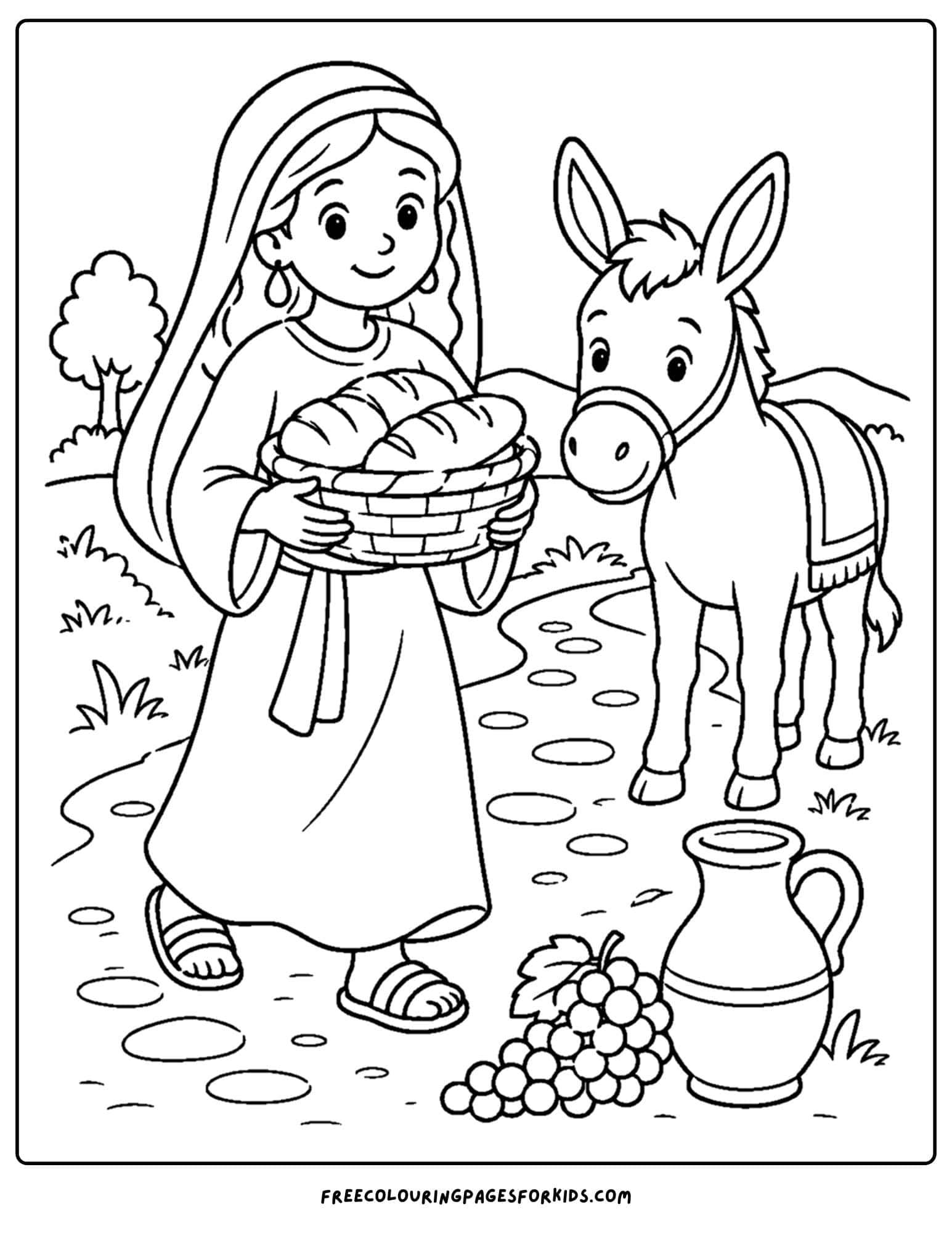 a christian coloring page showing abigail bringing food