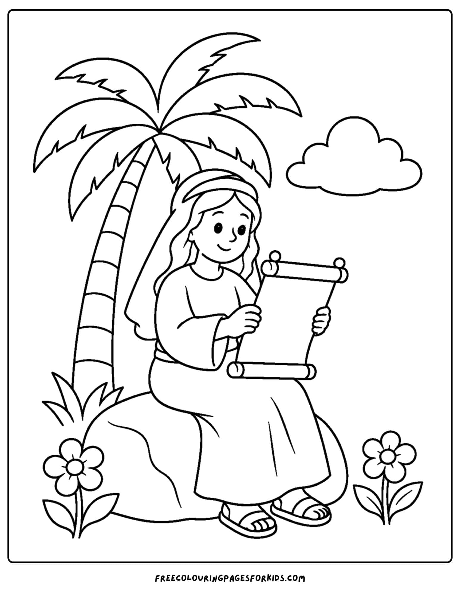 a christian coloring page showing deborah read a scroll