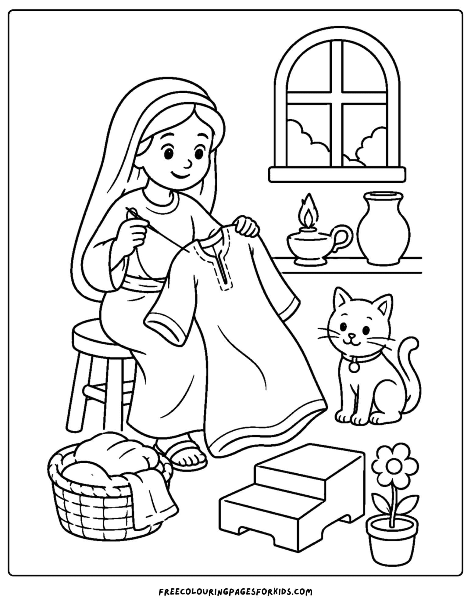 a christian coloring page showing dorcas sewing a robe