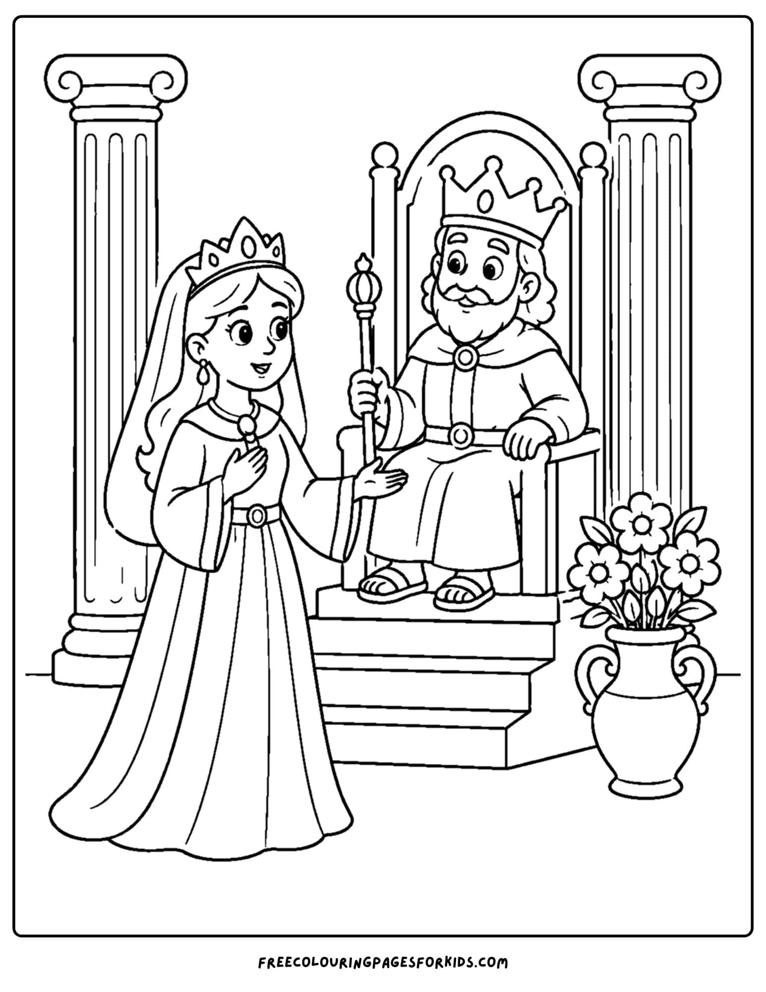 a christian coloring page showing esther meeting the king
