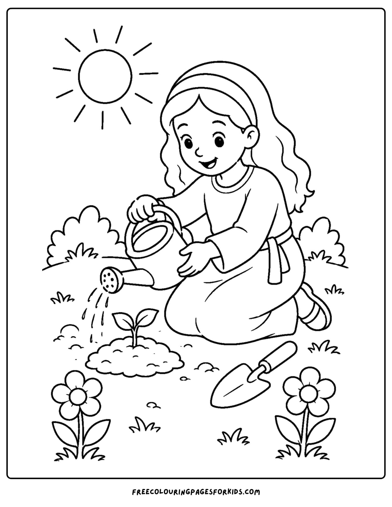 a christian coloring page showing a woman have faith in planting mustard seeds