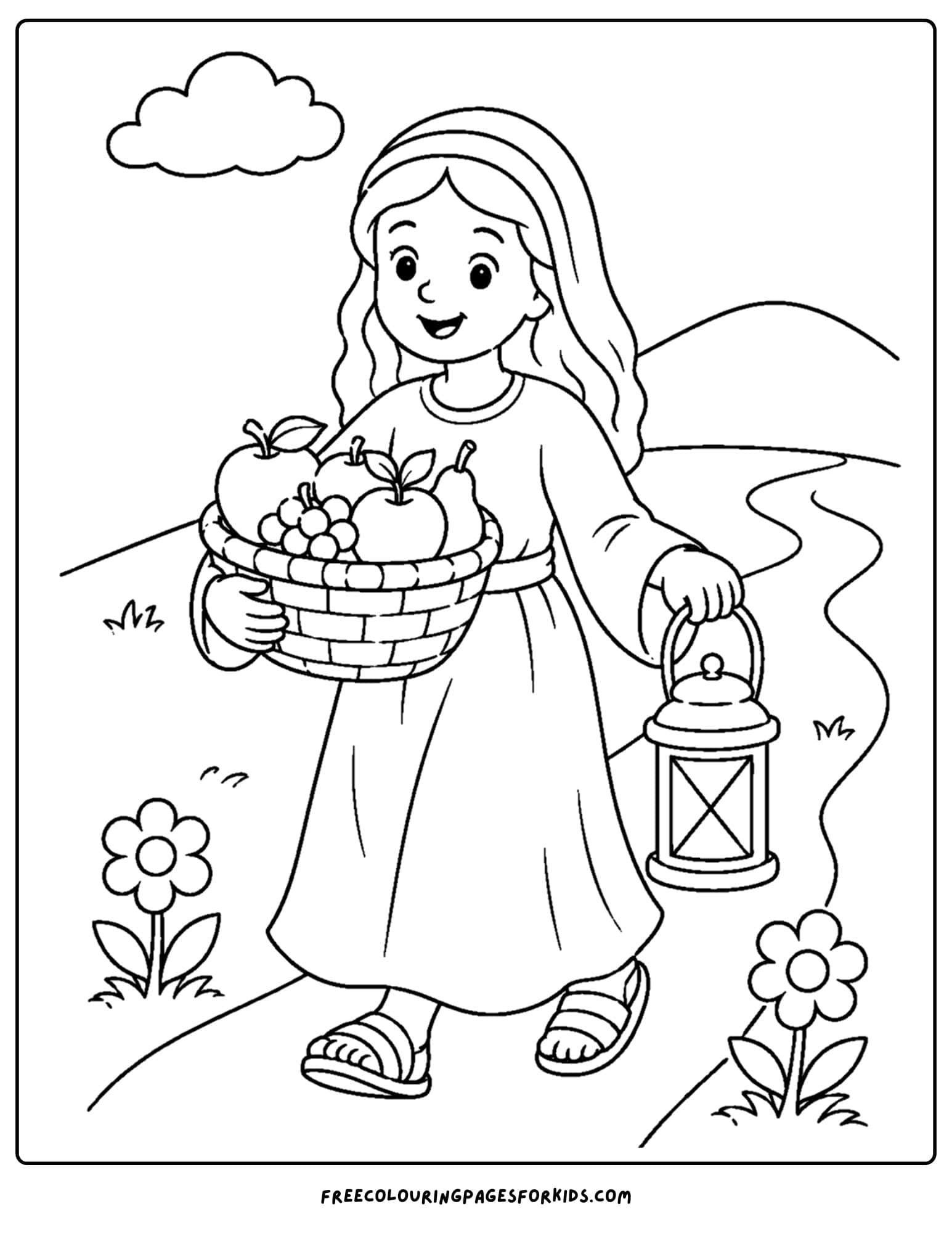a christian coloring page showing a woman walking with fruit and a lantern