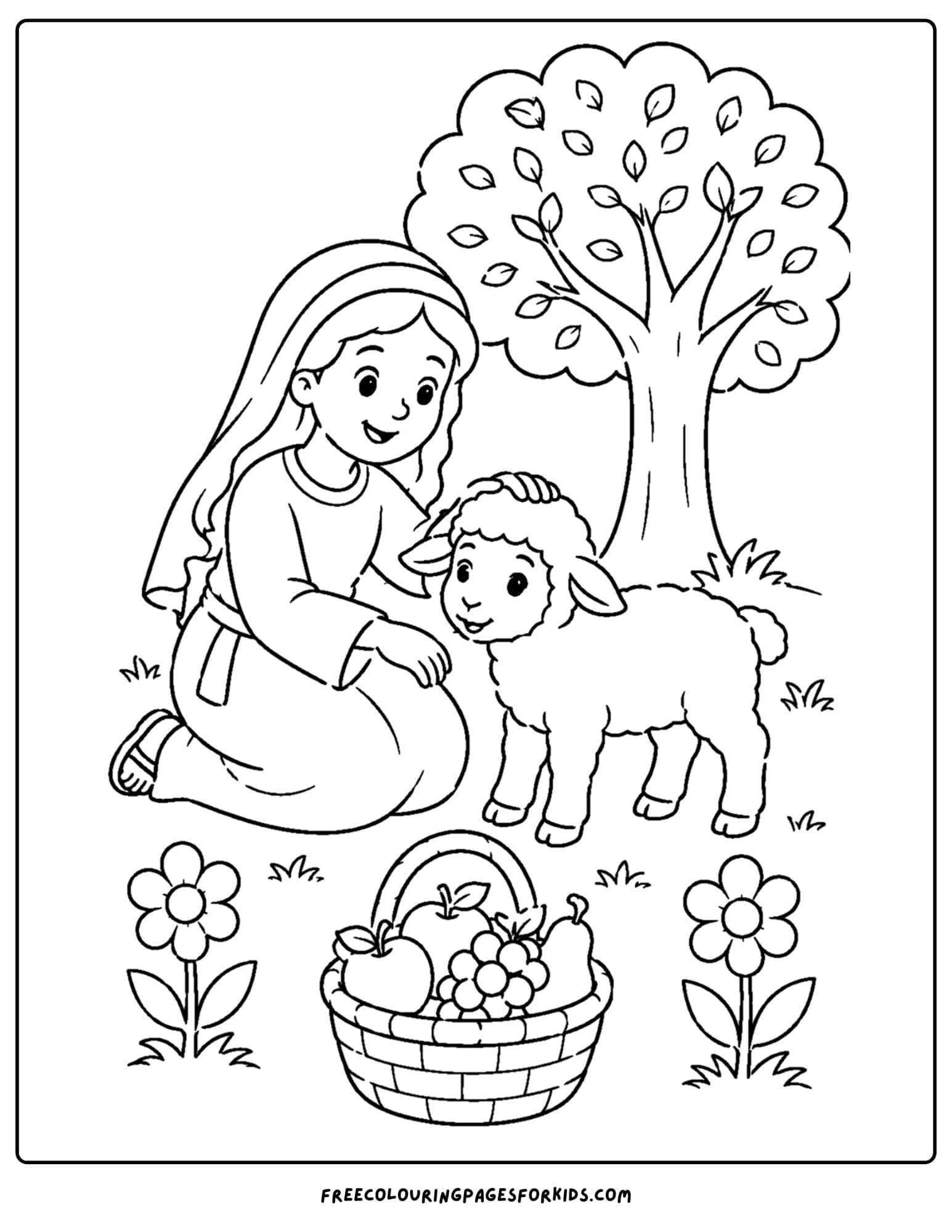 a christian coloring page showing a woman tending to a lamb