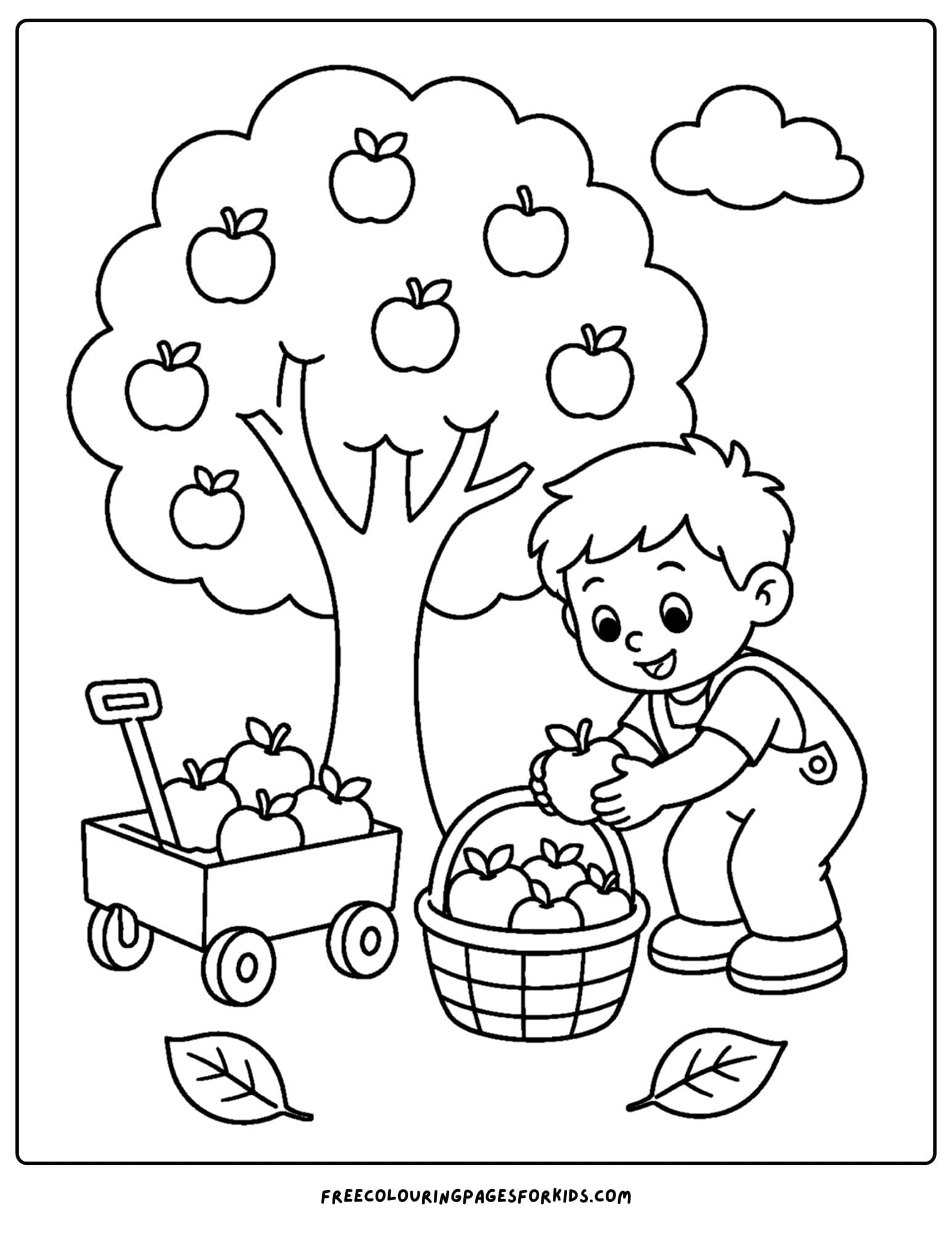 a christian coloring page showing a child picking apples