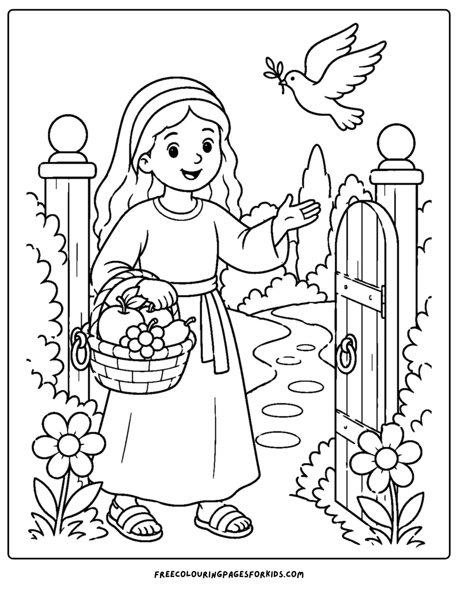 a christian coloring page showing grace at the garden gate