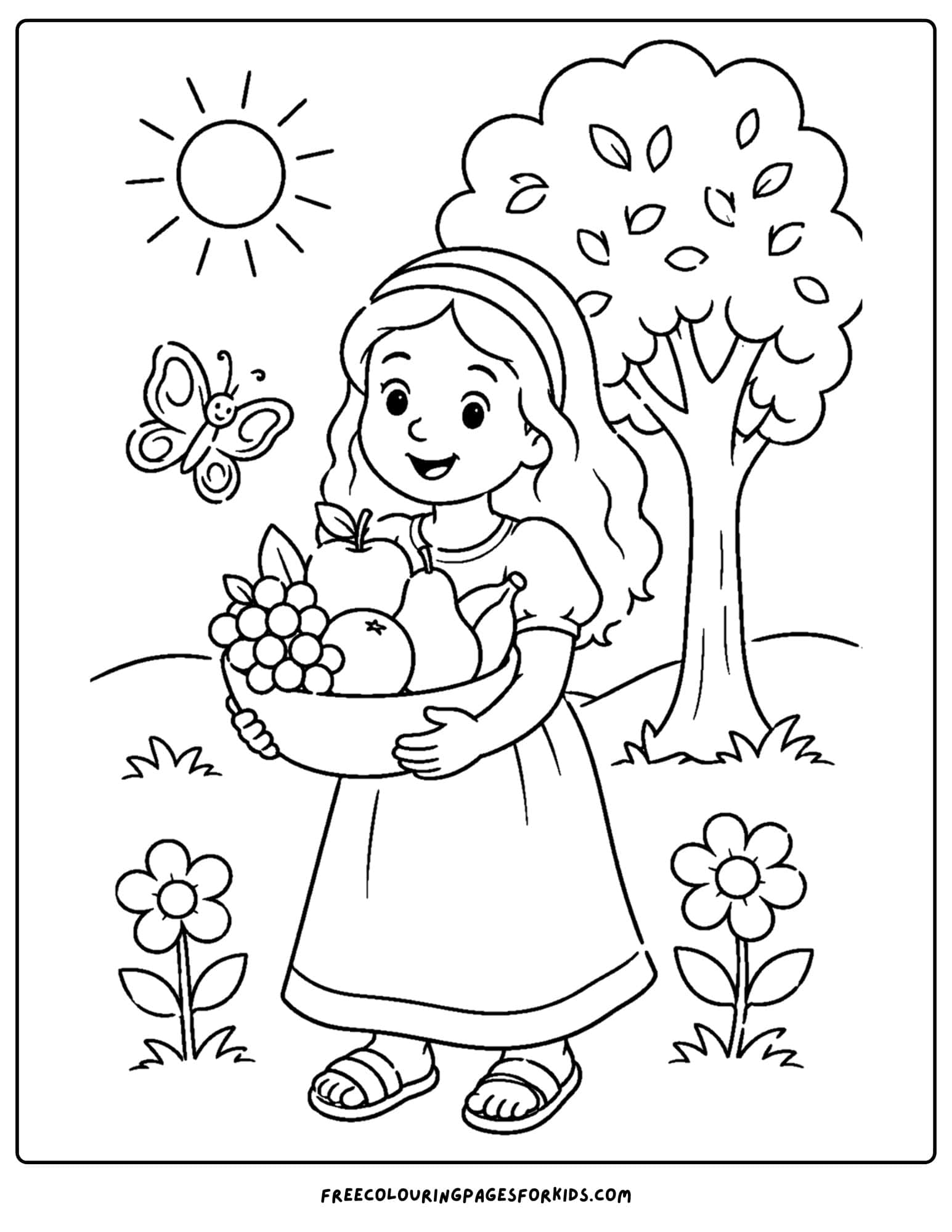 a christian coloring page showing joy with fruit from the garden