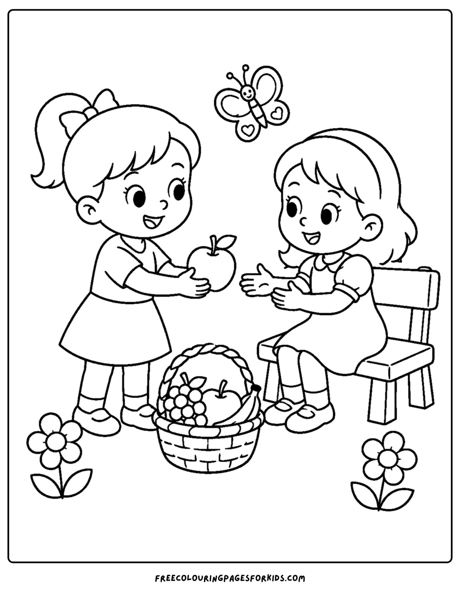 a christian coloring page showing a child sharing fruit with another