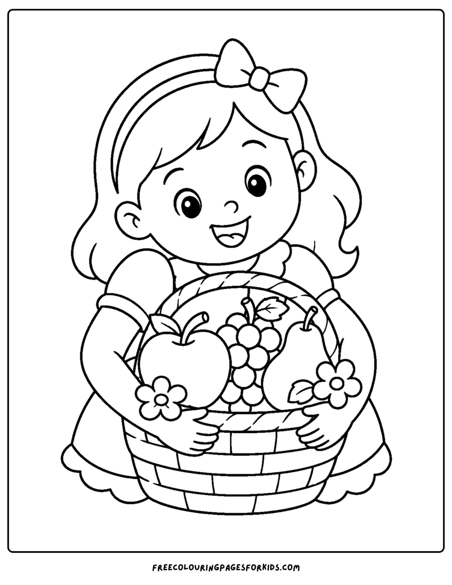 a christian coloring page showing a girl with a fruit basket to share