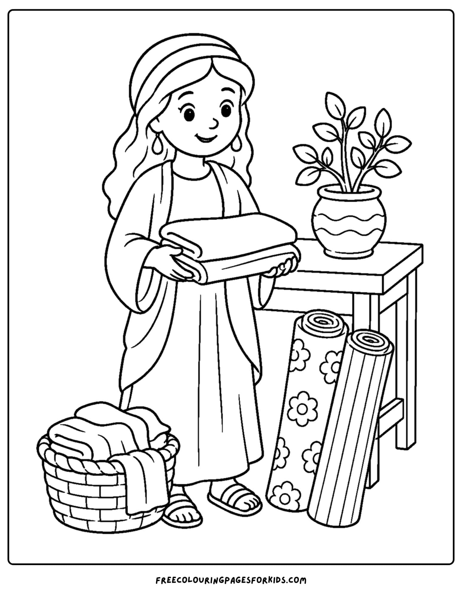 a christian coloring page showing lydia holding some cloth