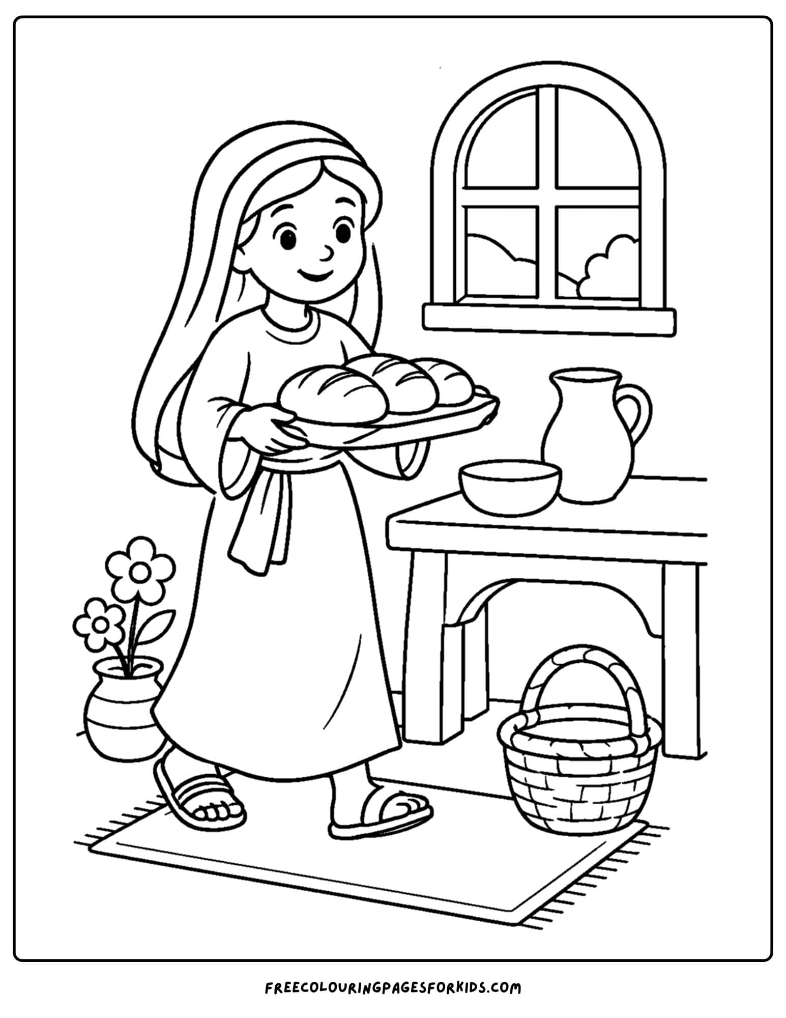 a christian coloring page showing martha carrying bread
