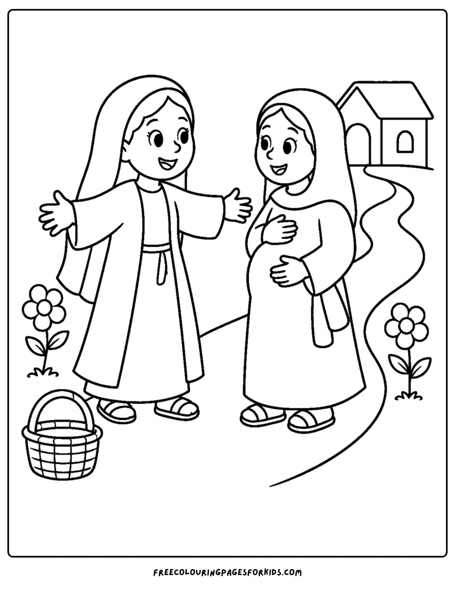 a christian coloring page showing mary greet elizabeth