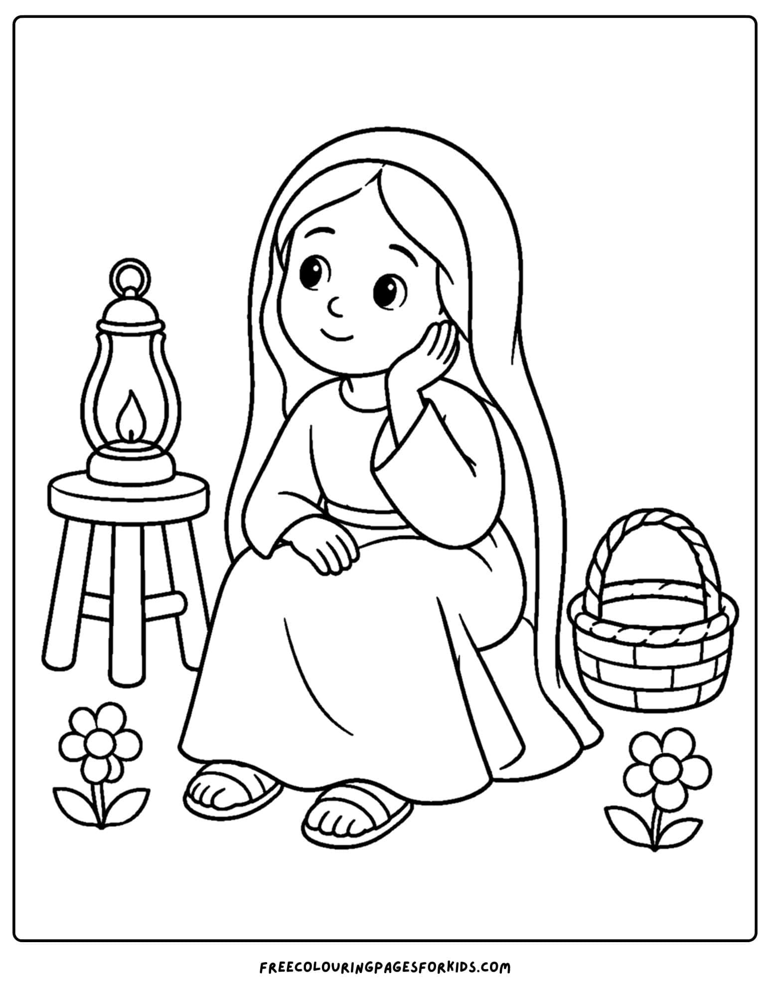 a christian coloring page showing mary listening