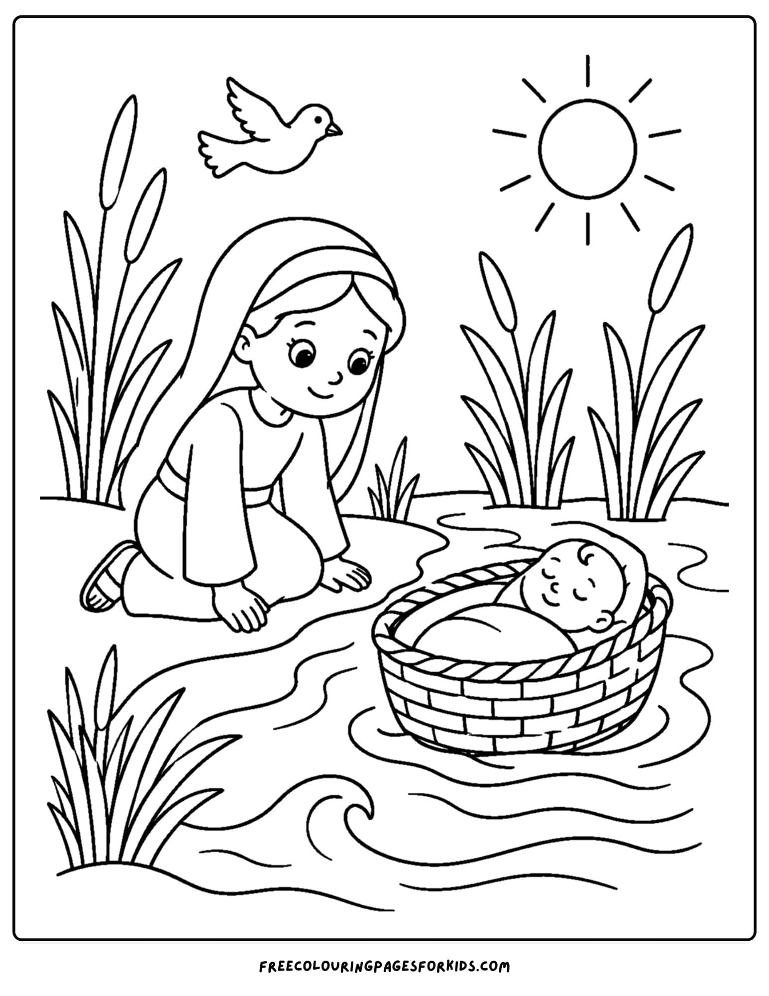 a christian coloring page showing miriam watch joseph in the basket