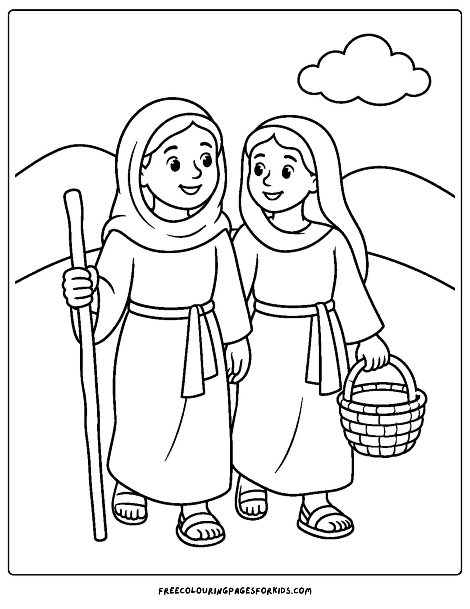 a christian coloring page showing naomi and ruth walking