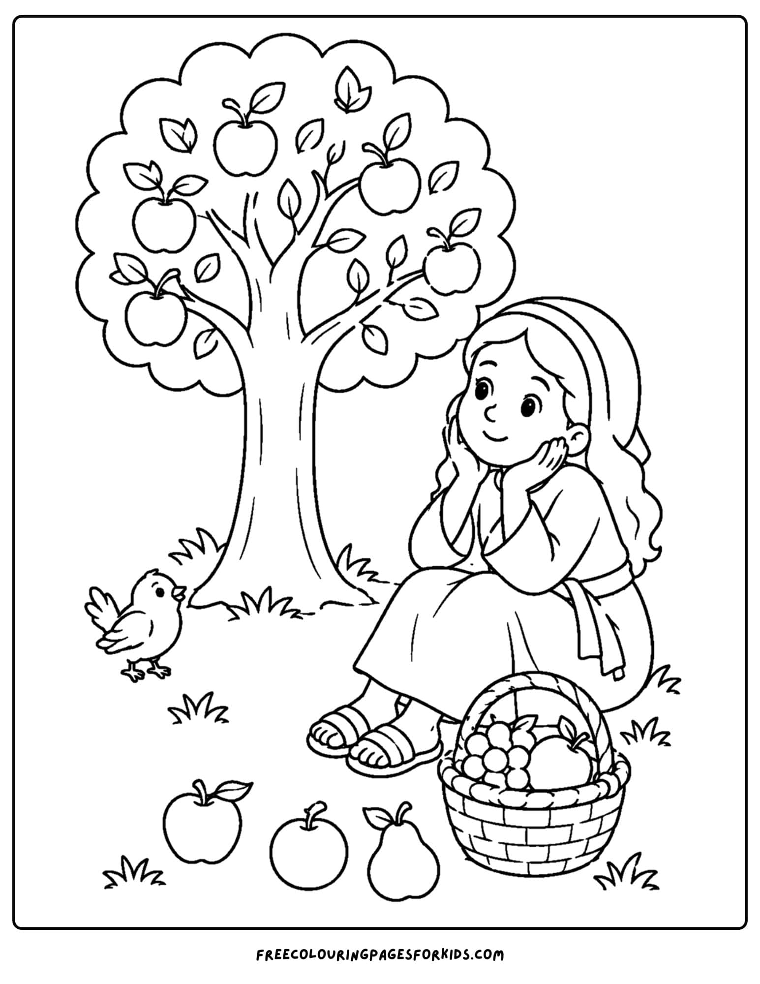 a christian coloring page showing a woman having patience in the orchard