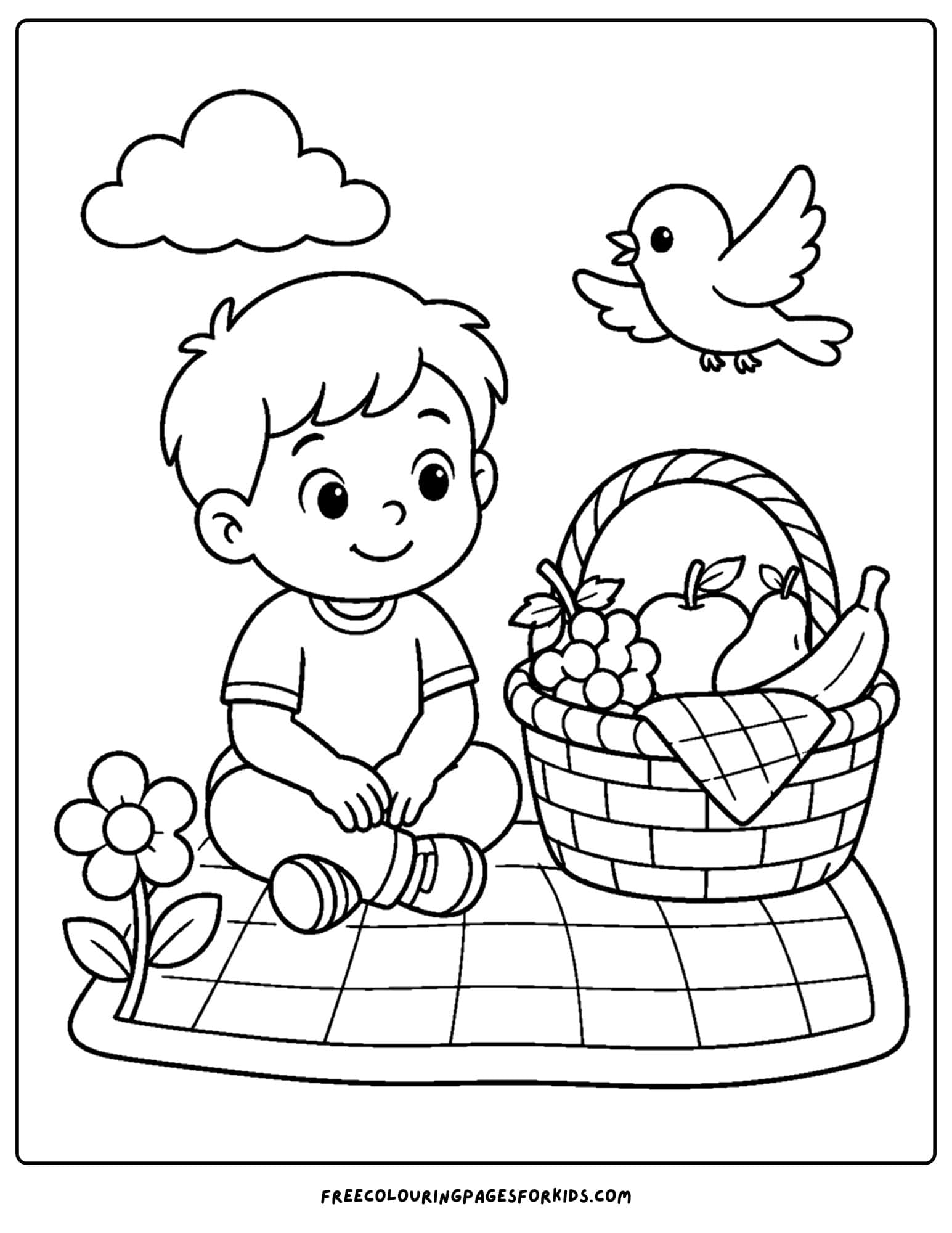 a christian coloring page showing a boy having a peaceful picnic
