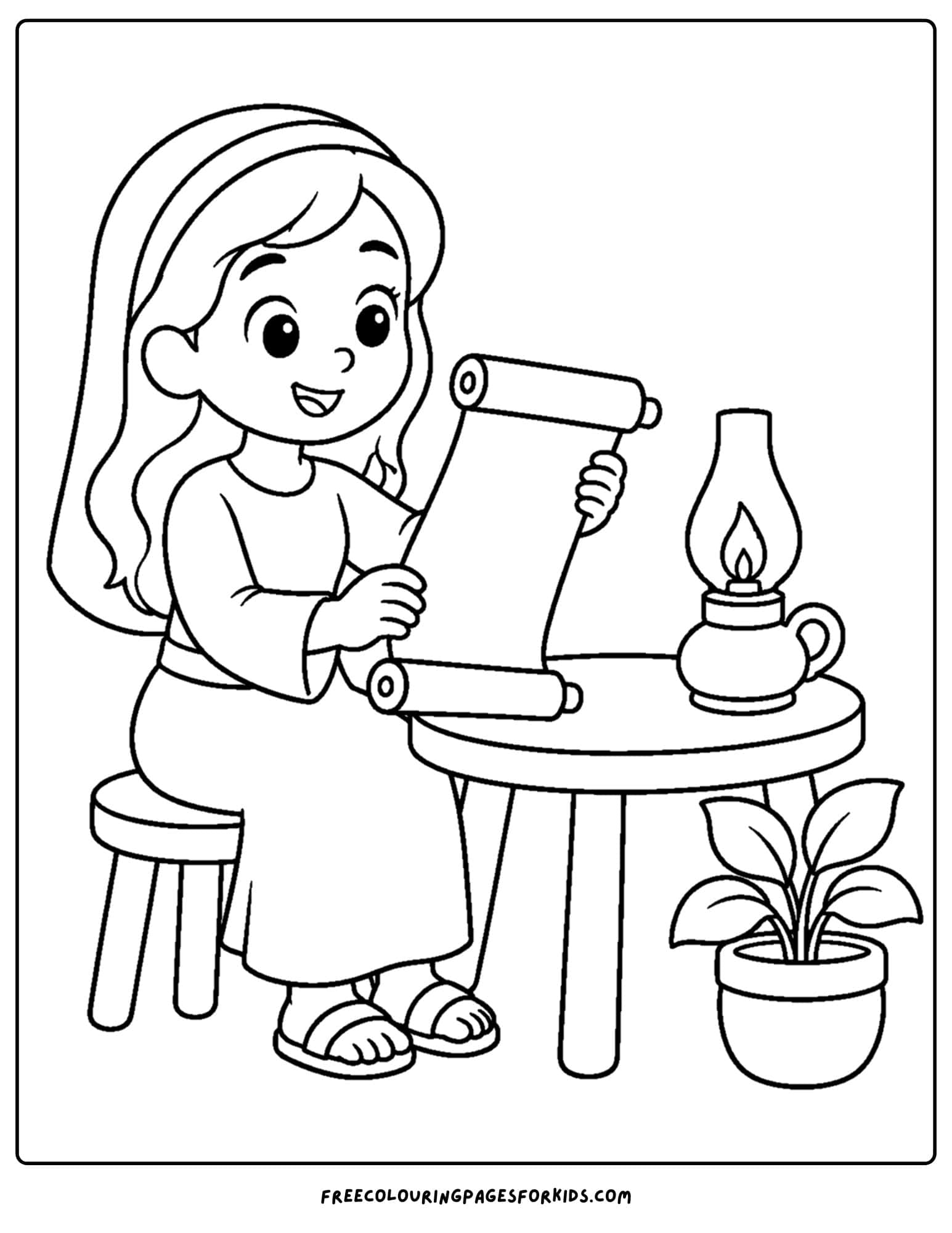a christian coloring page showing pricilla reading a scroll