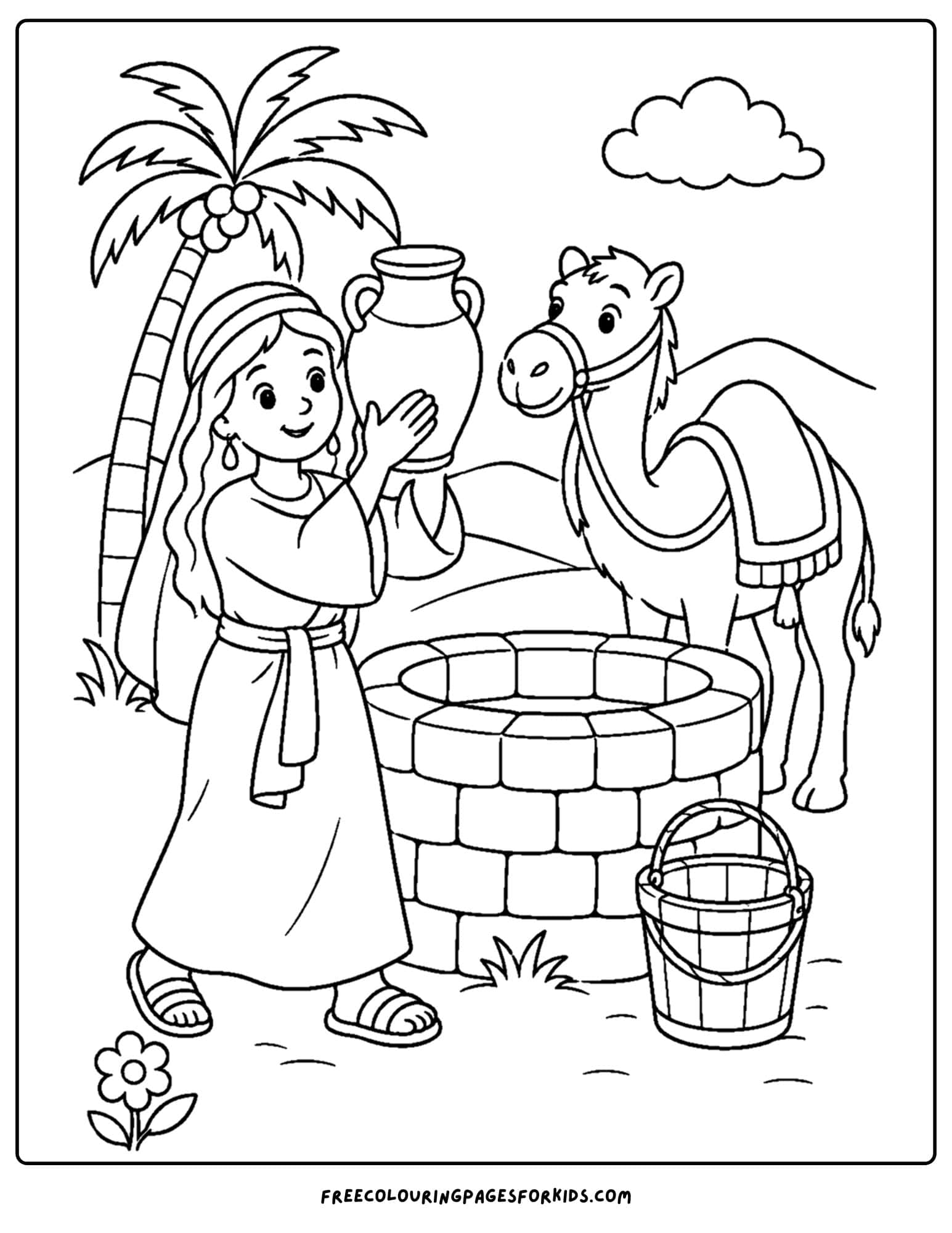a christian coloring page showing rebekah at the well
