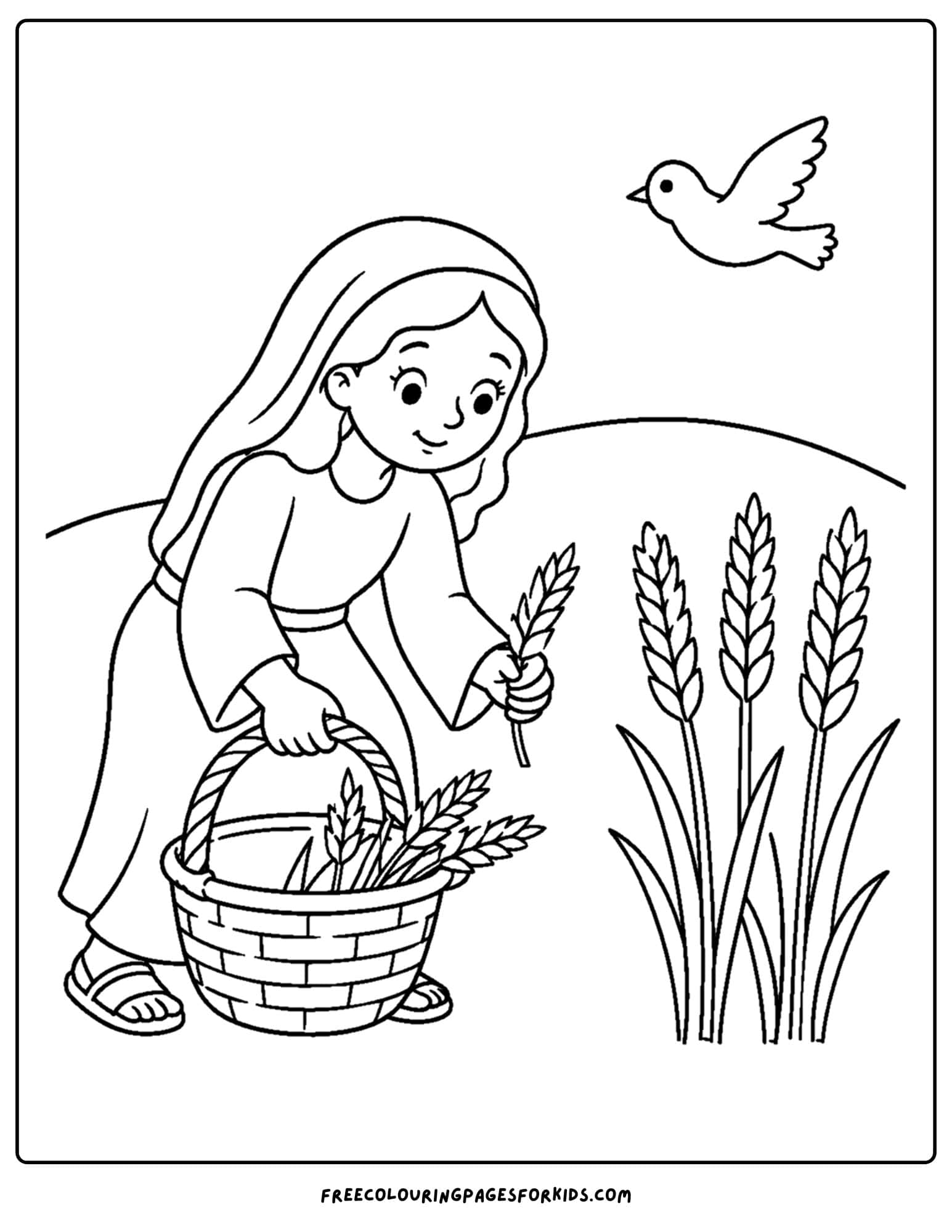 a christian coloring page showing ruth gathering wheat