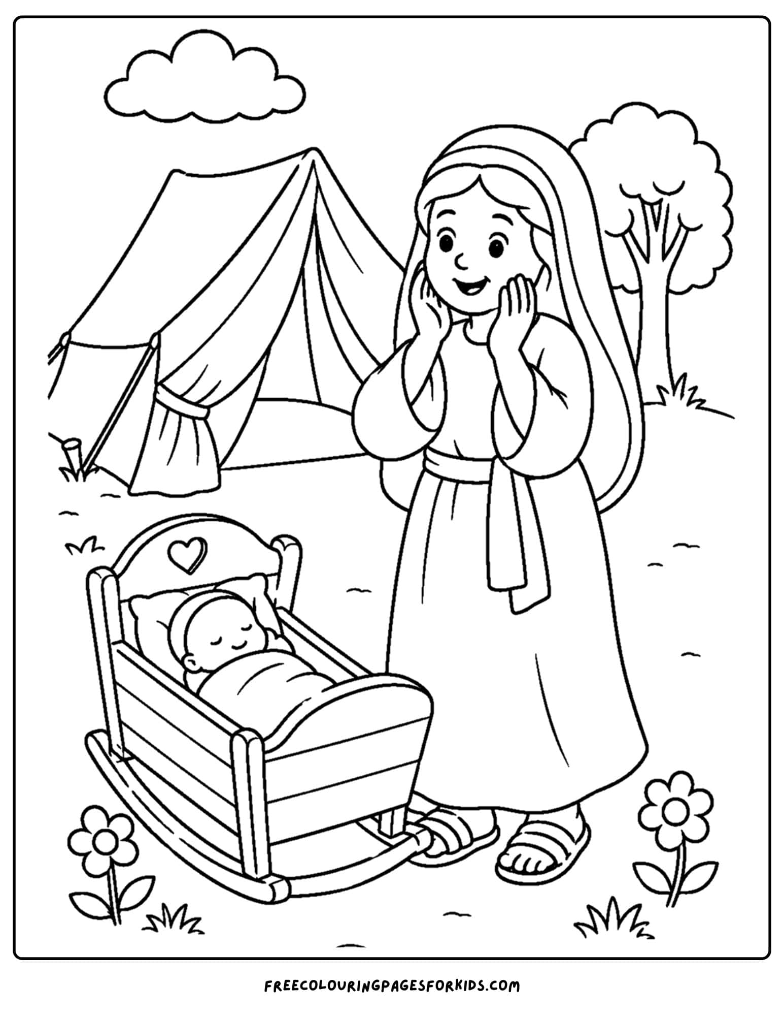 a christian coloring page showing sarah with joy for a baby