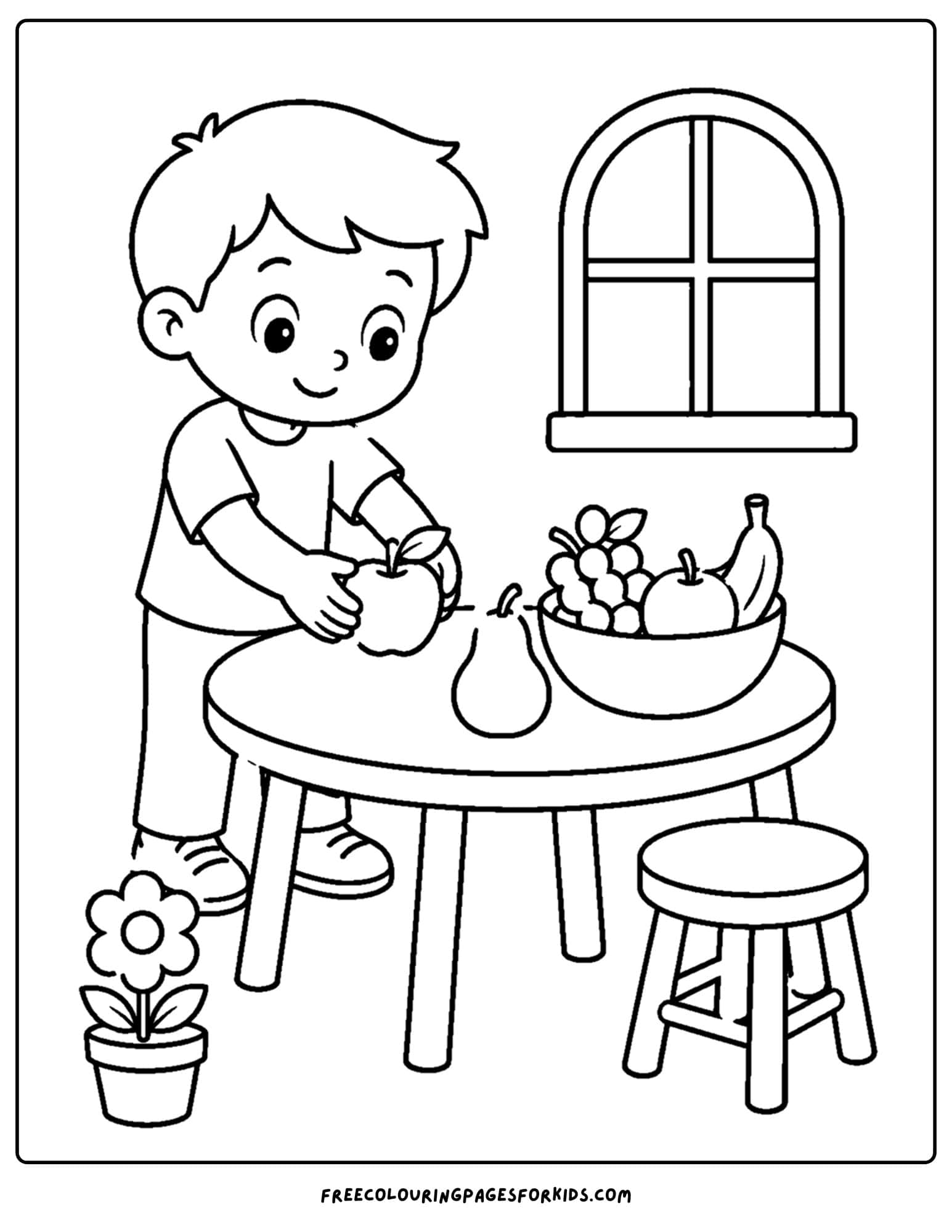 a christian coloring page showing a boy o taking the. fruit