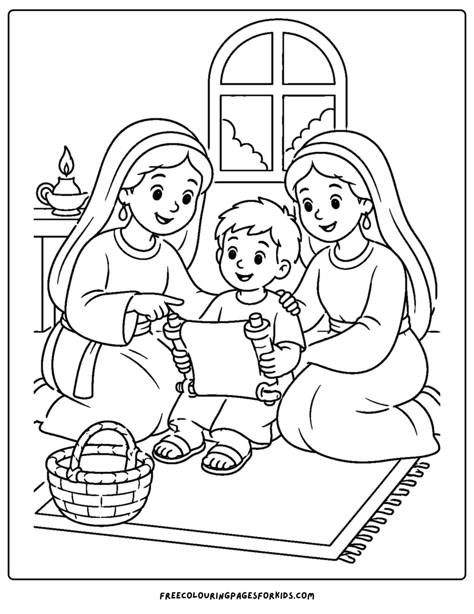 a christian coloring page showing timothy learning the scriptures