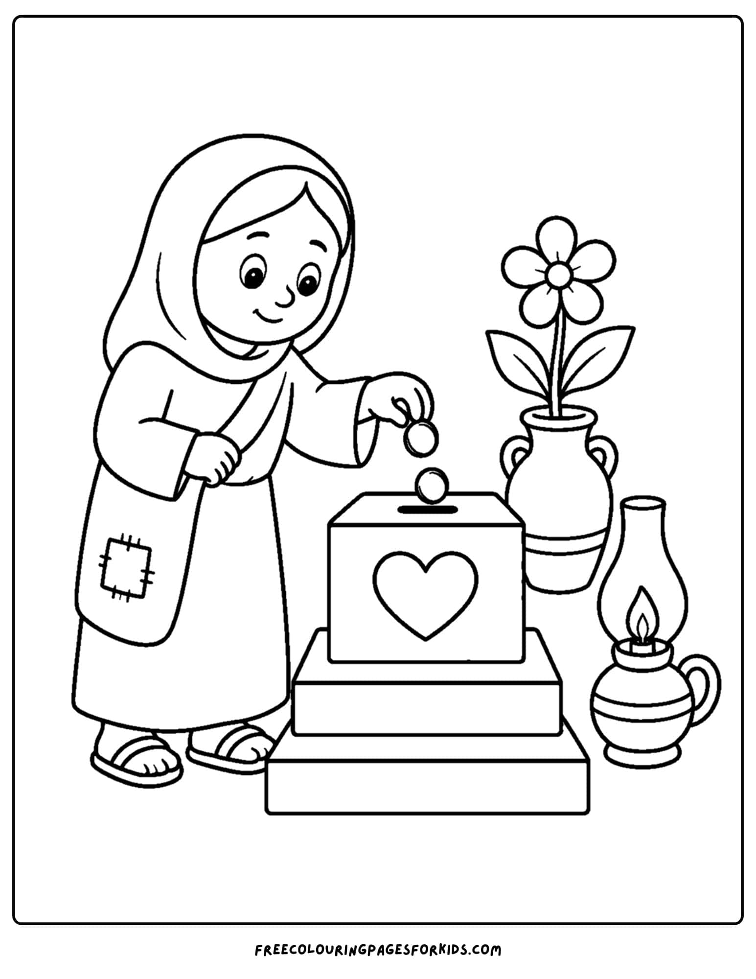 a christian coloring page showing a woman giving coins