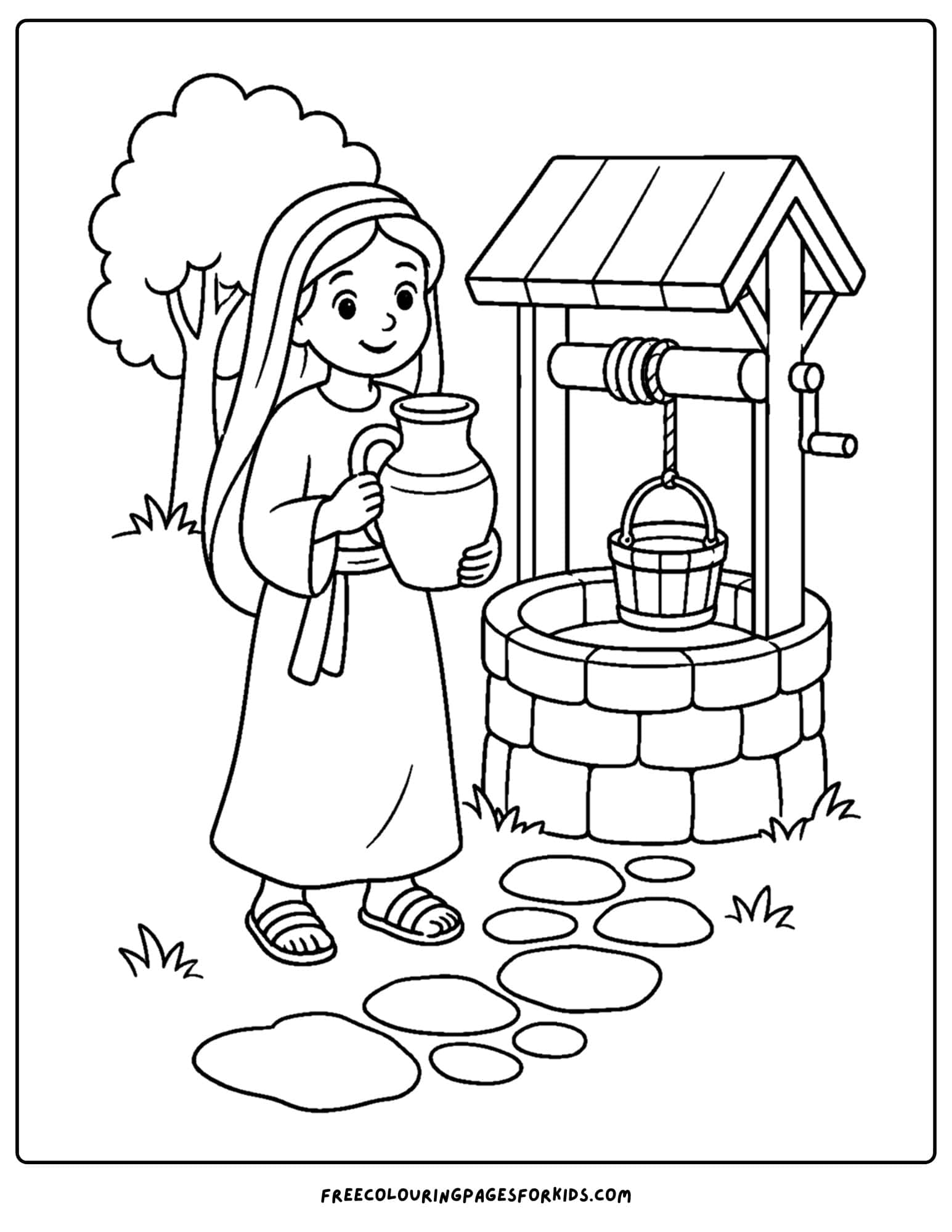 a christian coloring page showing a woman getting water at a well