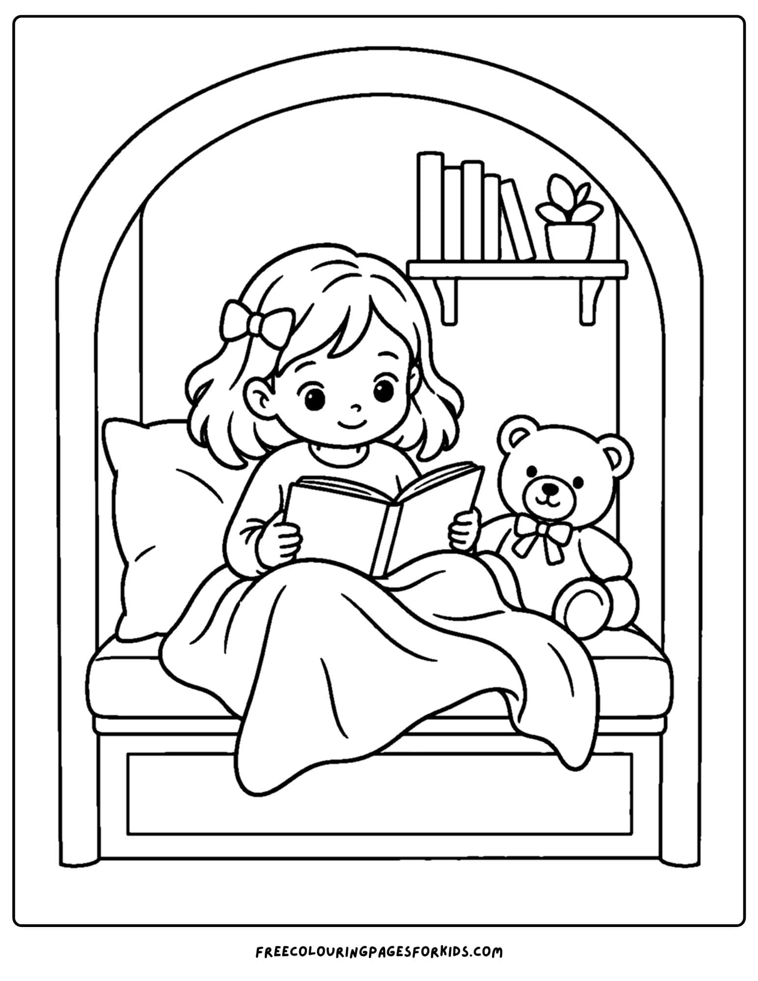 a coloring page of a cozy alcove where a child sits with blankets and a pillow to read