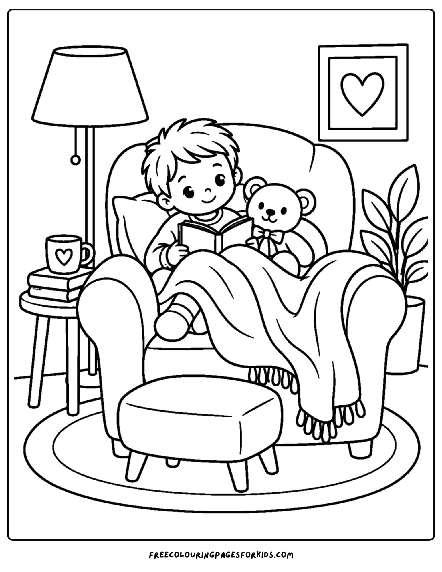 a coloring page of a cozy armchair and a child sitting in it under blankets reading