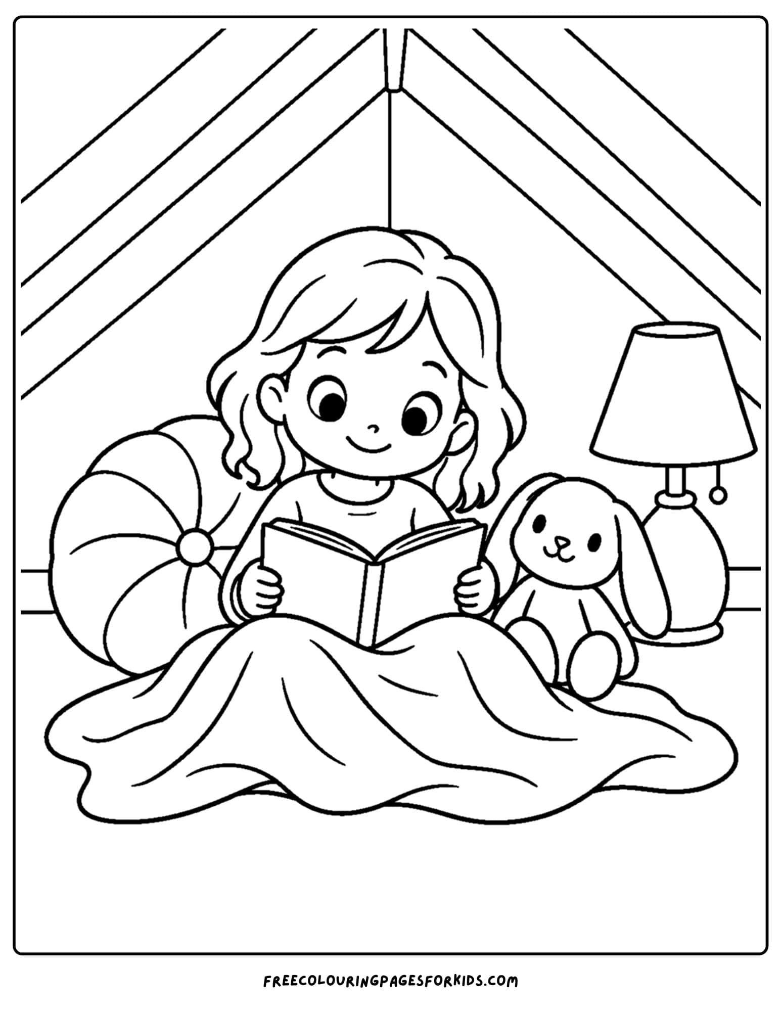 a coloring page of a cozy attic with a girl reading under blankeets