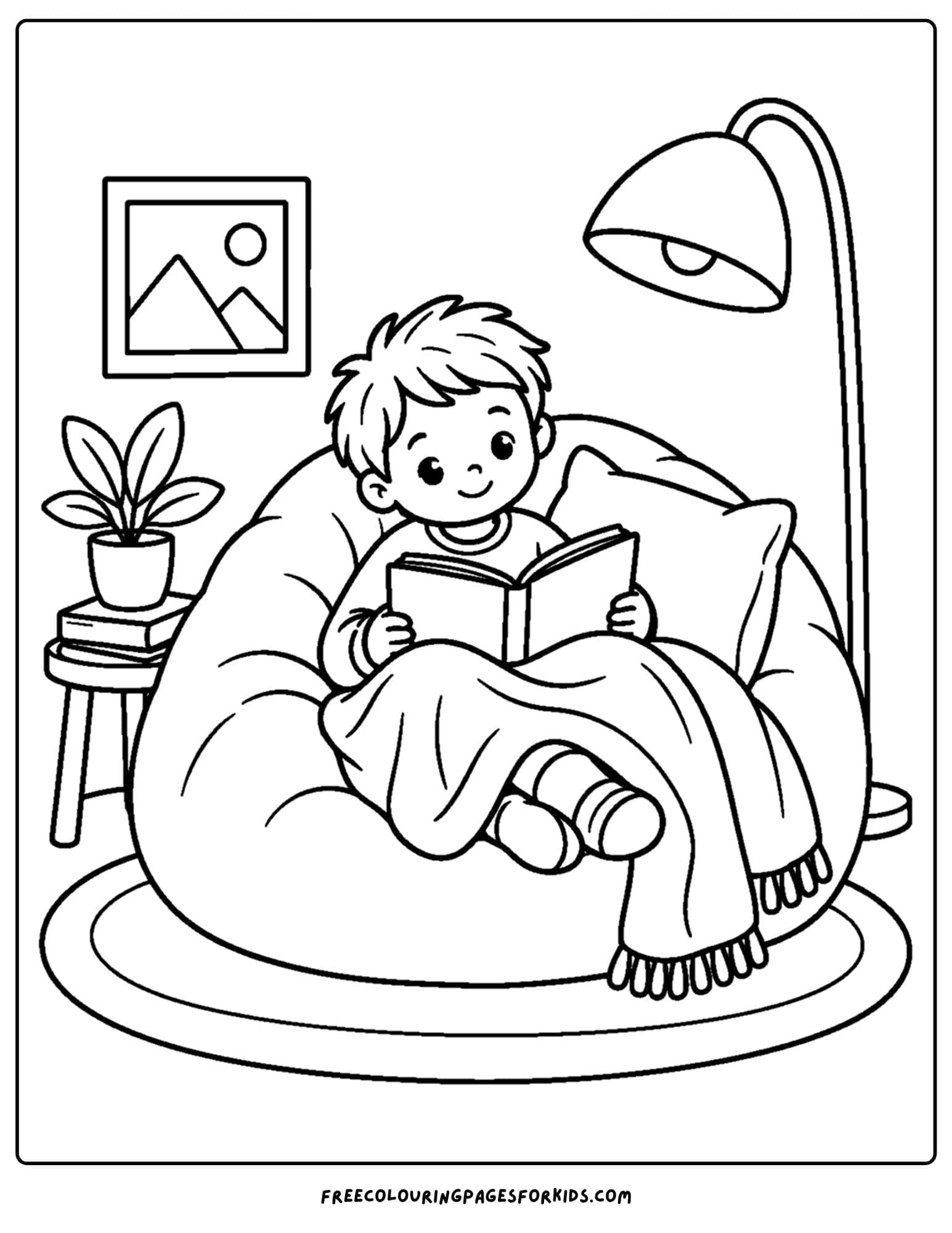a coloring page of a cozy beanbag and a boy reading in it