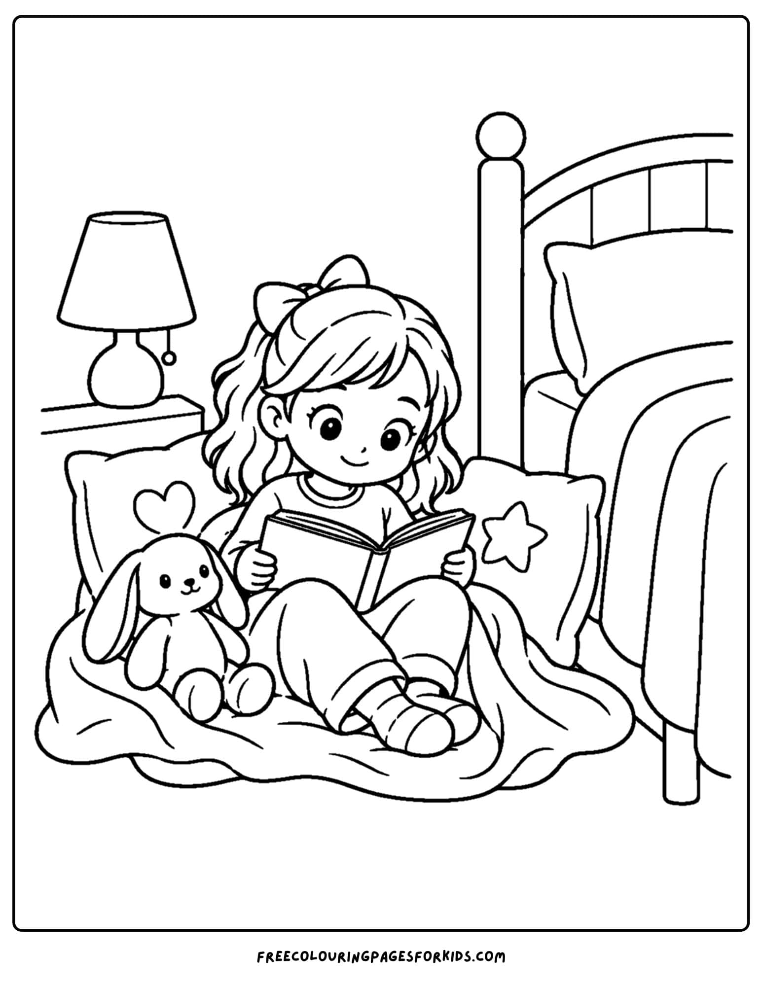 a coloring page of a girl reading a book beside her bed wrapped in blankets