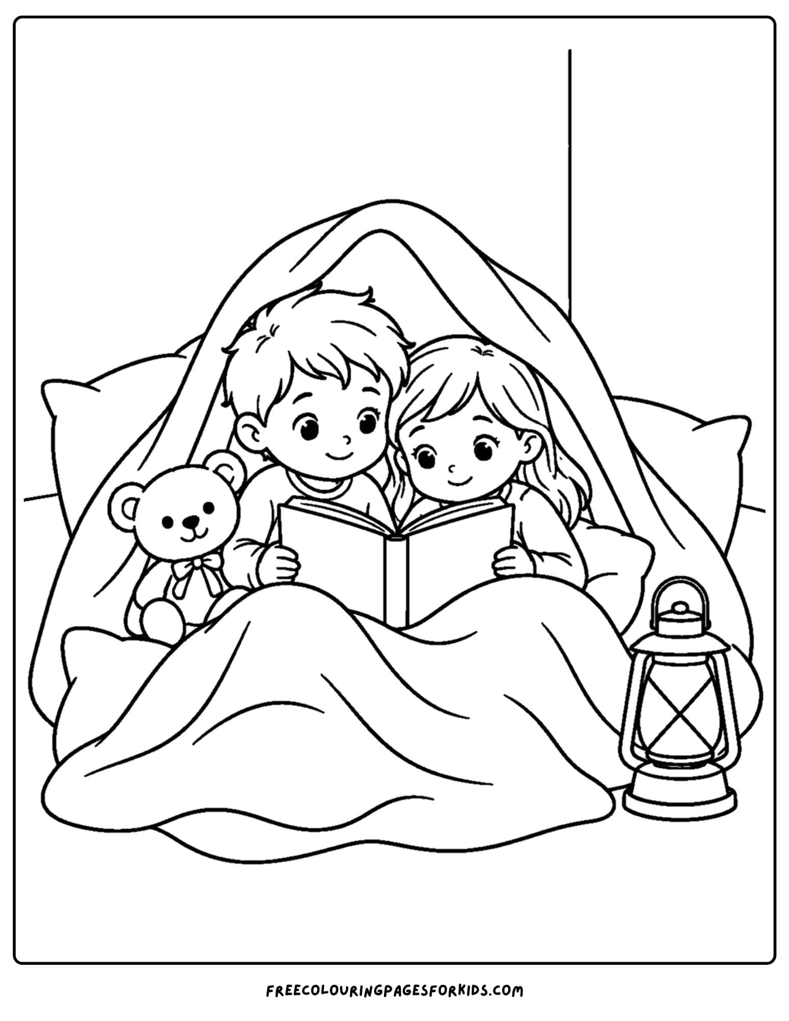 a coloring page of a boy and girl under a blanket reading