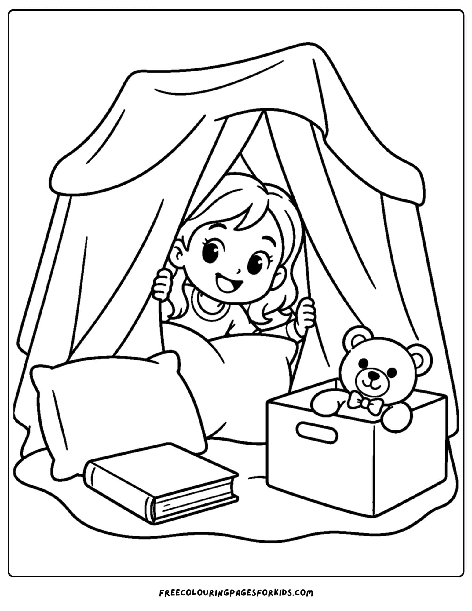 a coloring page of a blanket cubby with a child reading inside it