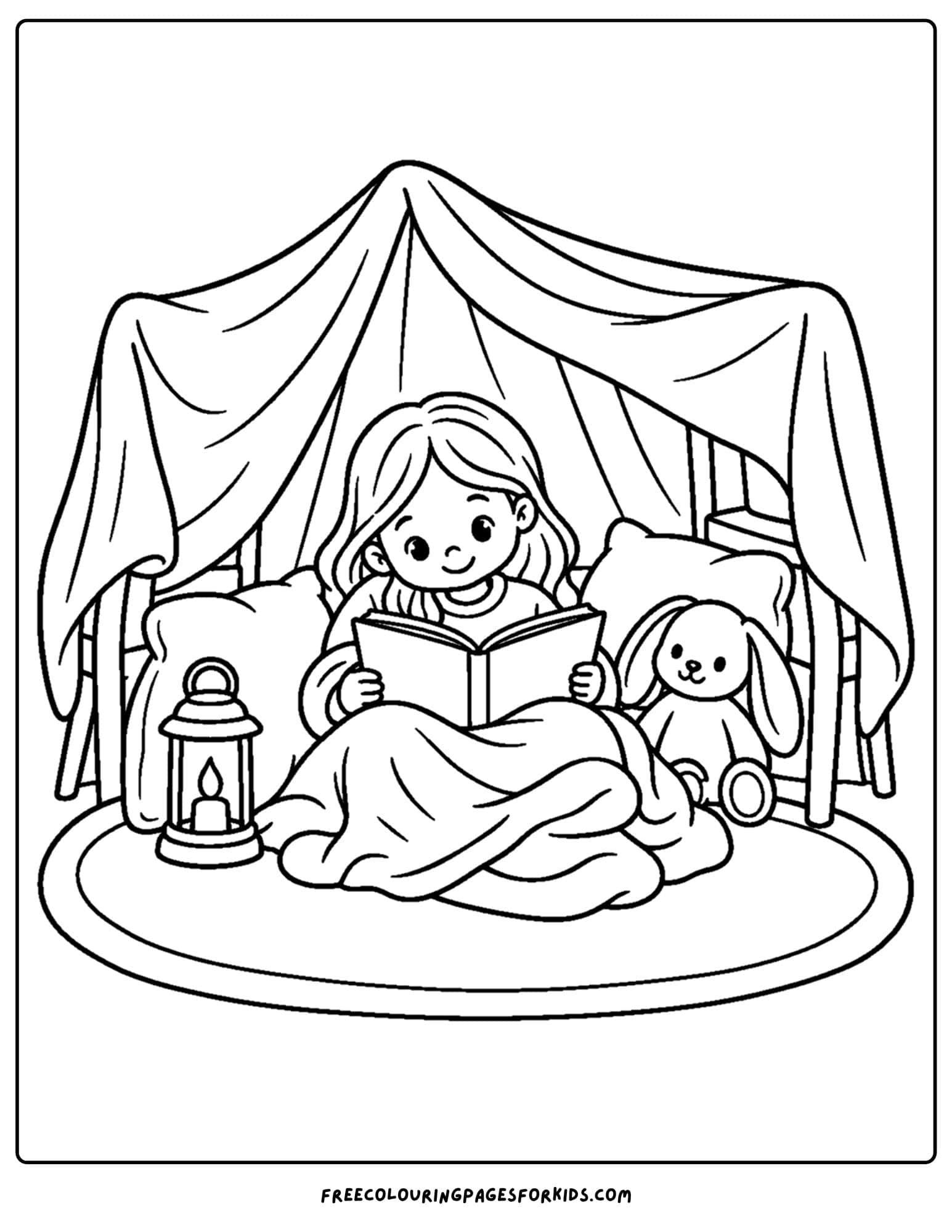 a coloring page of a cozy blanket fort with a child reading inside