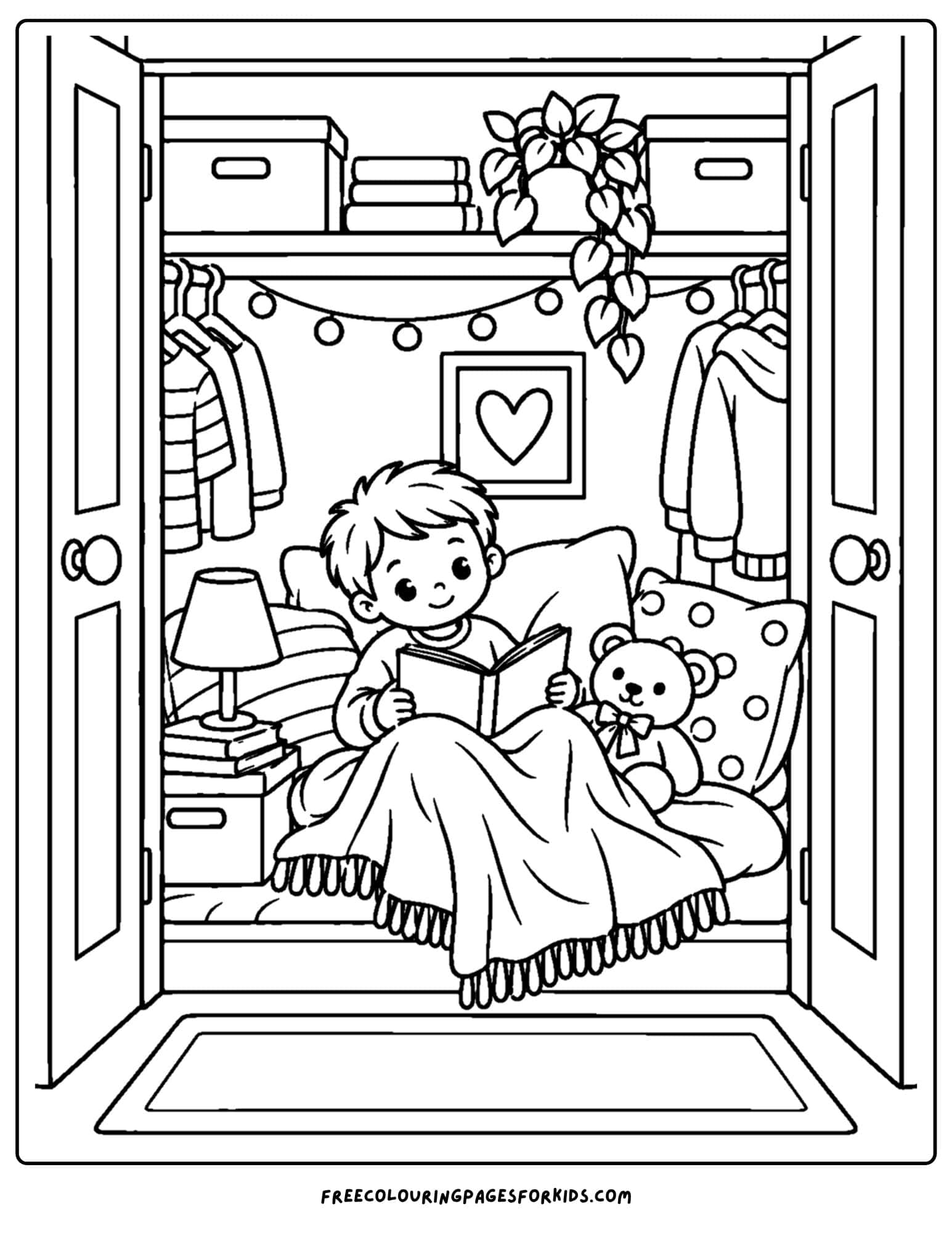 a coloring page of a bedroom closet made cozy with blakets so a kid can read in there