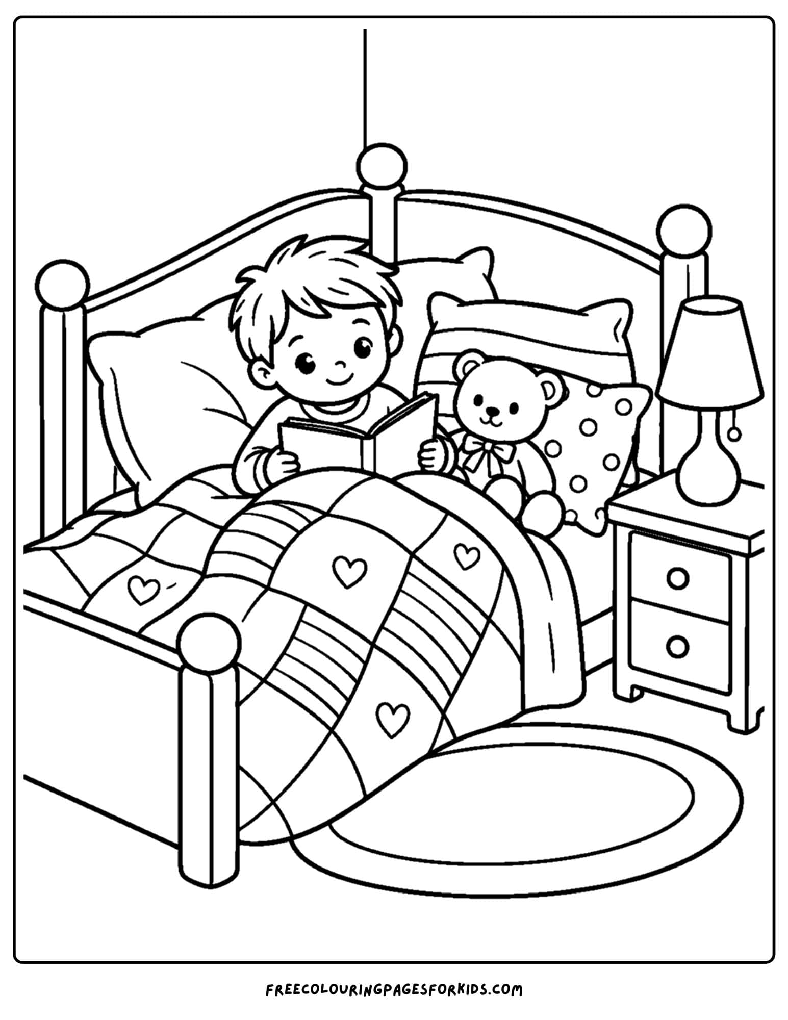a coloring page of a cozy corner bed with a boy snuggled up reading