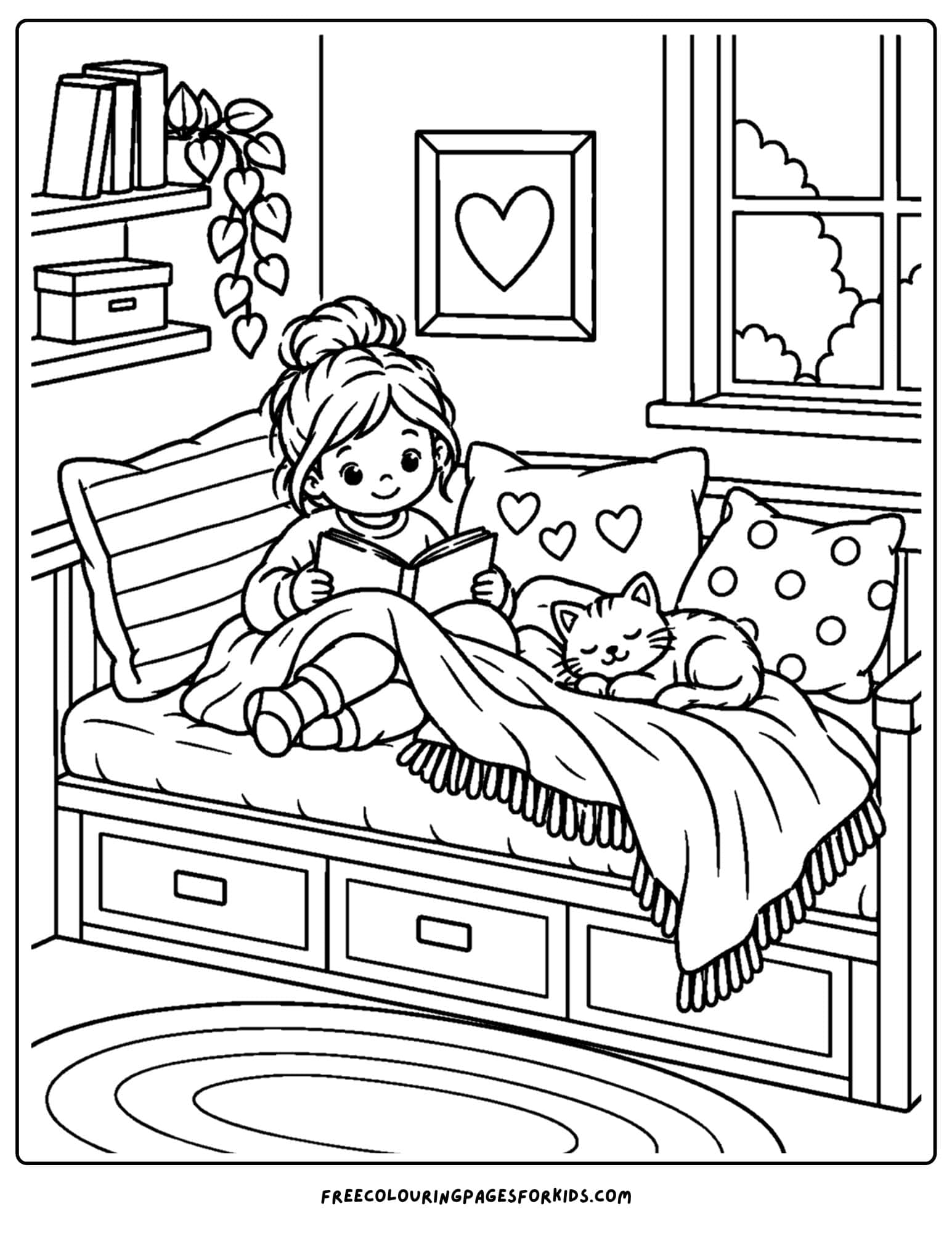 a coloring page of a cozy daybed with a child under blankets reading there