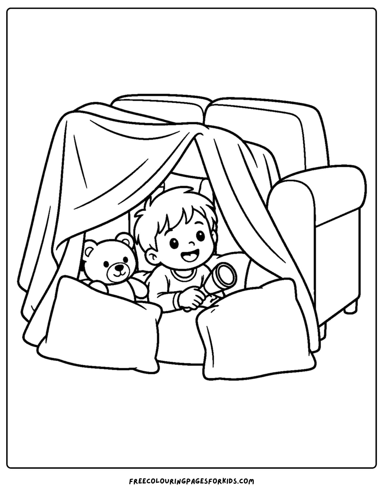 a coloring page of a cozy cubby house made from blankets and a couch