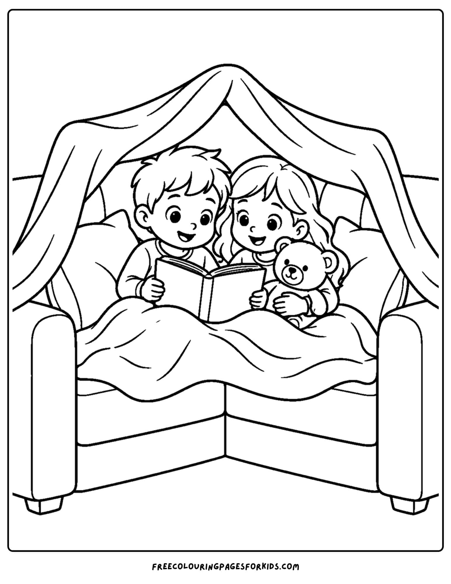 a coloring page of a cozy cubby made from blankets on the couch with kids inside reading