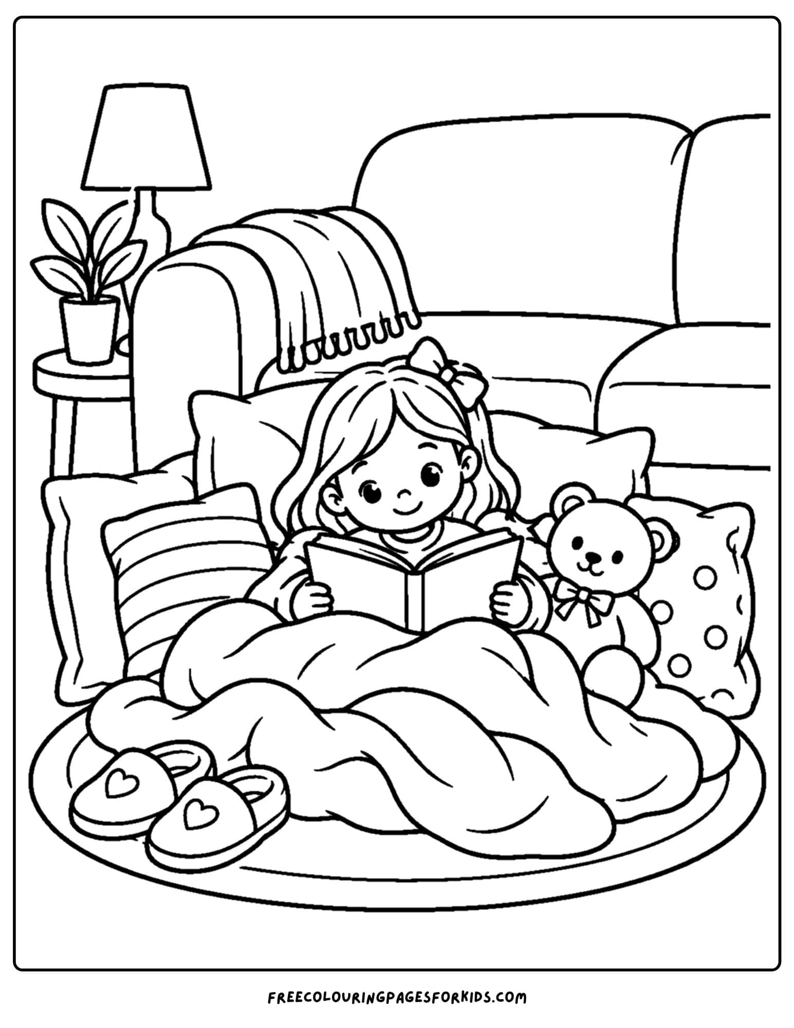 a coloring page of a cozy girl snuggled up in blankets beside the couch reading