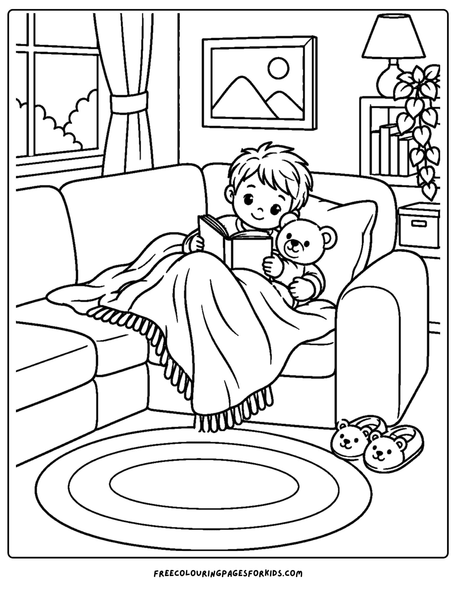 a coloring page of a cozy couch scene as a boy reads on the cough with a warm blanket