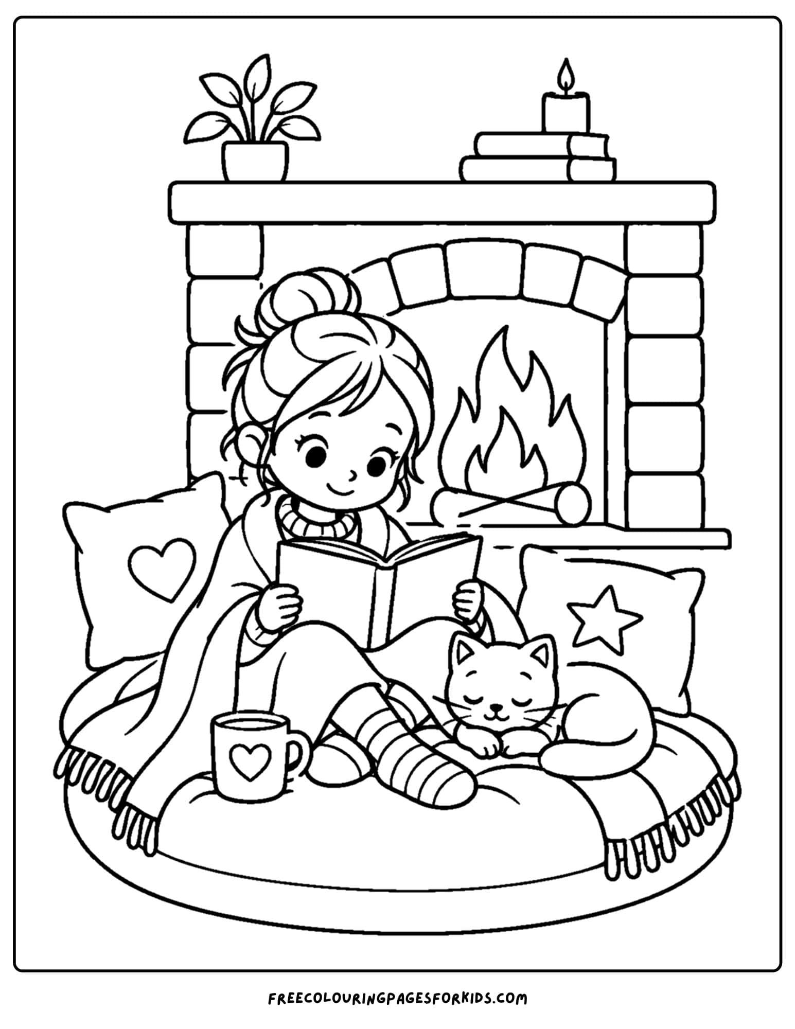 a coloring page of a cozy fireplace with a girl sitting in front under a blanket reading