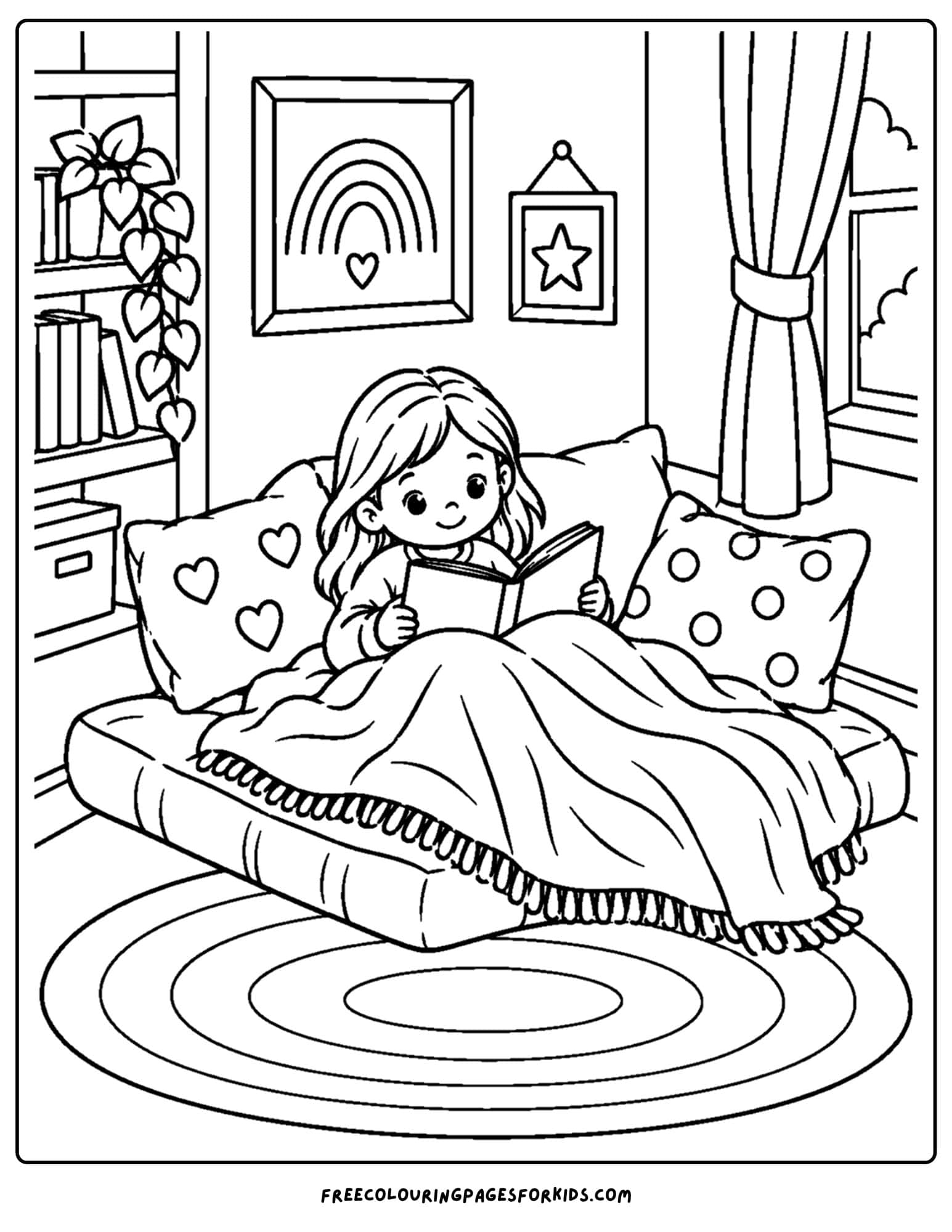 a coloring page of a cozy mattress on the floor with blankets and a girl reading a book