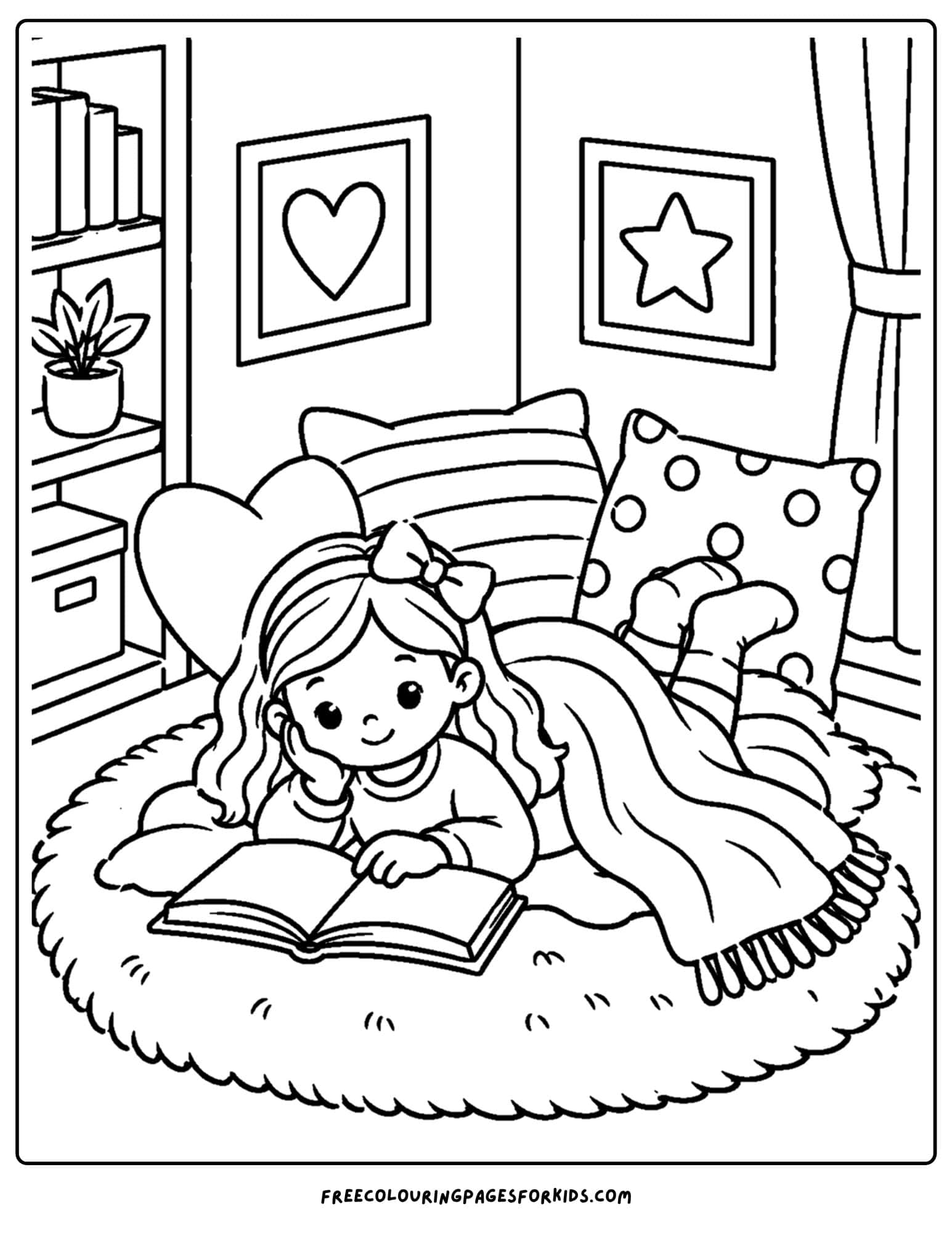 a coloring page of a cozy scene where a girl lays on a rug with blankets and reads a book