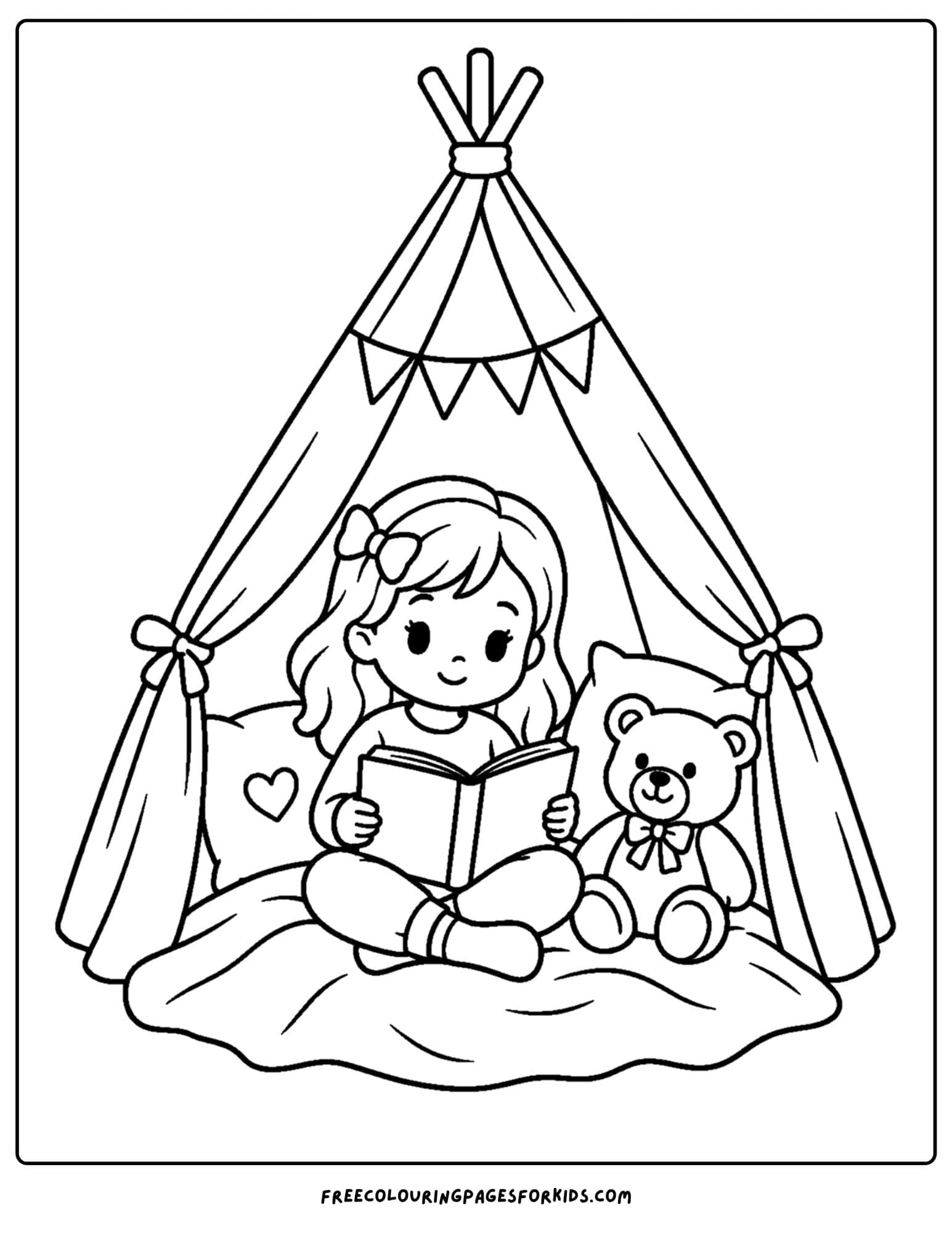 a coloring page of a cozy indoor play tent where a child reads a book