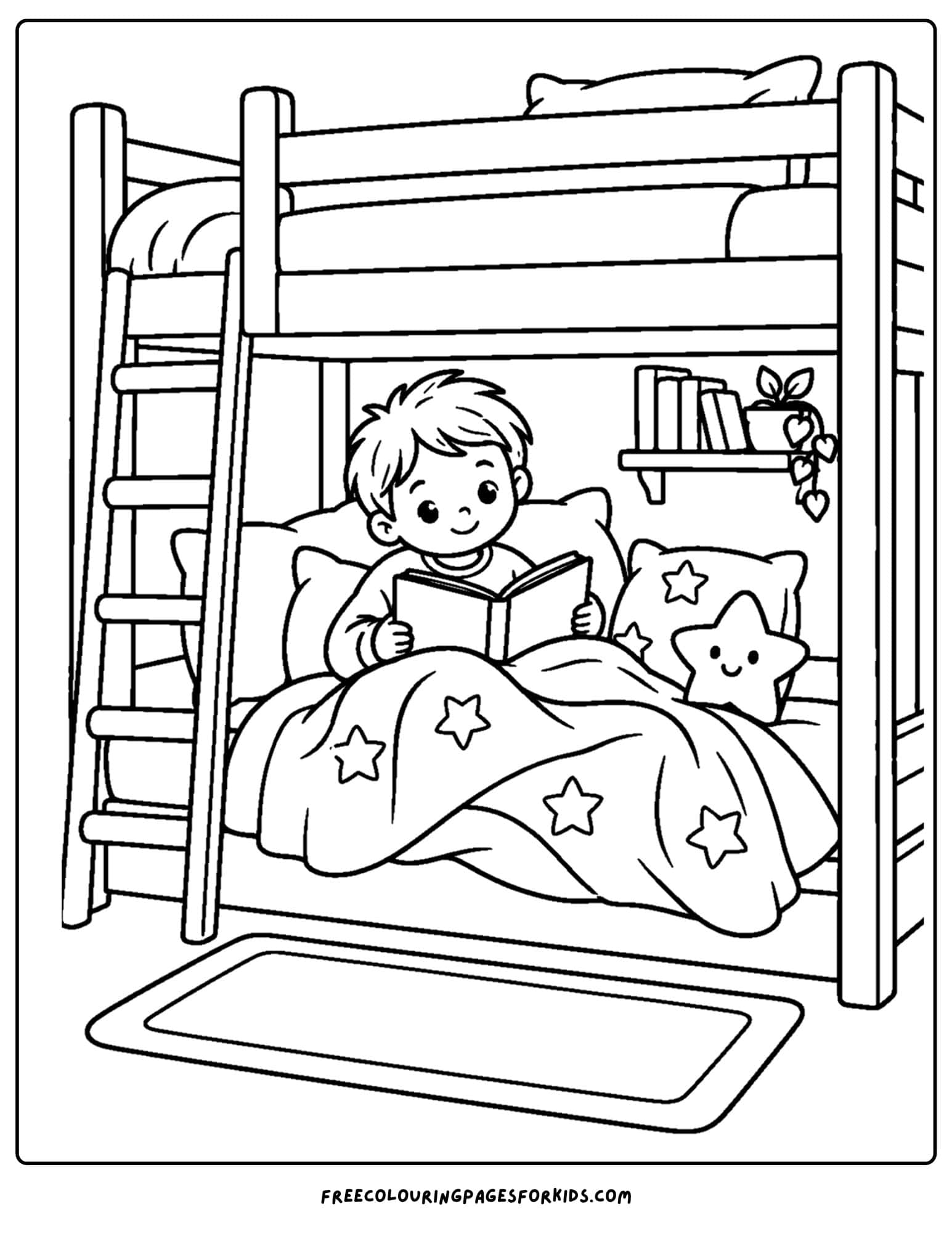 a coloring page of a cozy bunk bed with a kid on the bottom bunk with blankets reading